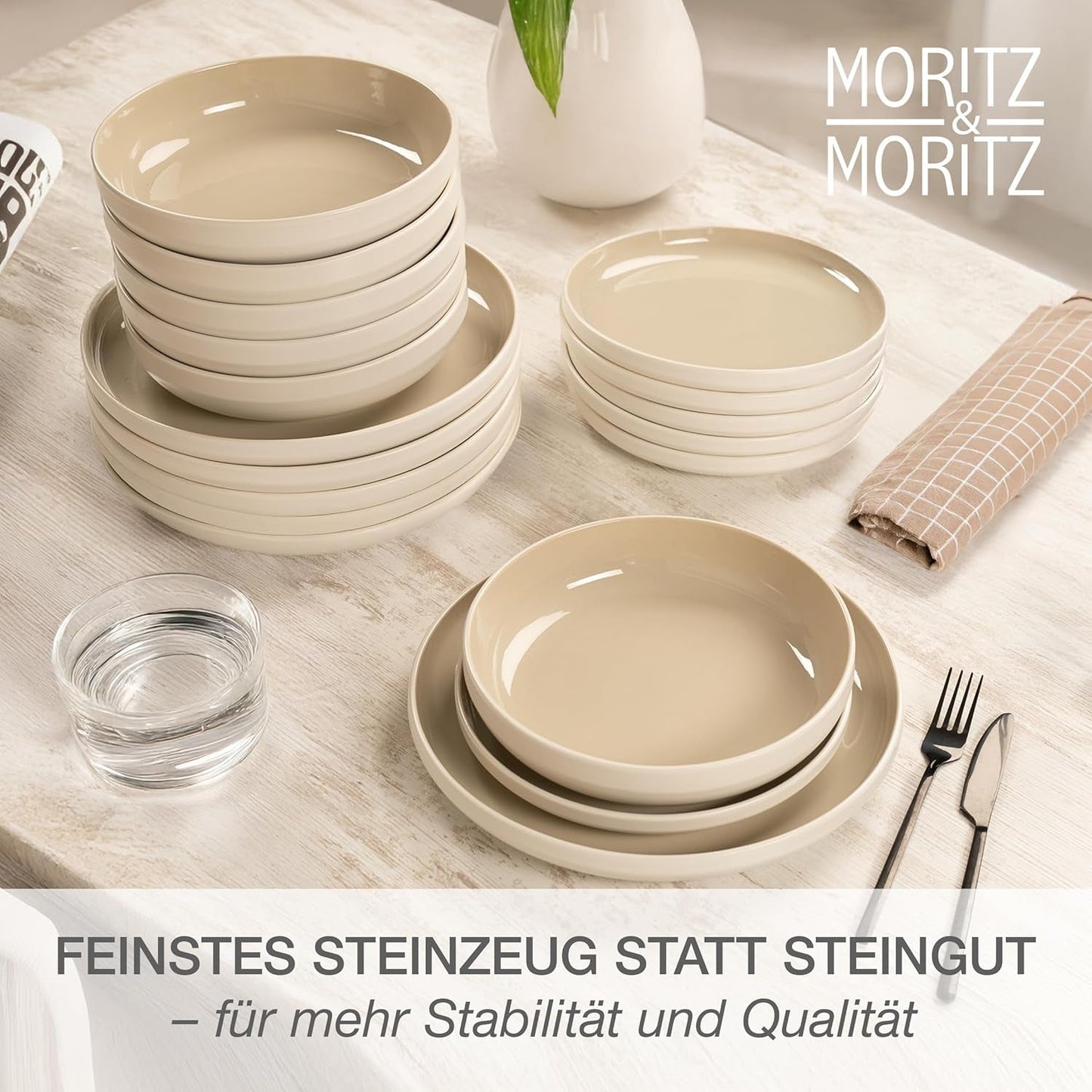 Moritz & Moritz CAVO stel i stentøj til 12 personer, 36 stykker - Moderne bordservice i sandfarve - Letpleje kombinationssæt med tallerkener og skåle - Kaffeservice