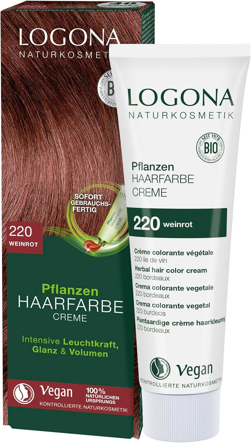 LOGONA Natural Cosmetics Plant Hårfarve Creme 240 Nougat Brun, Naturlig Henna Brun Hårfarve Creme, Brune toner Farve Creme, Mørk hårfarve, 150 ml Naty Shop Hårfarve 220 Vinrød [Titian]