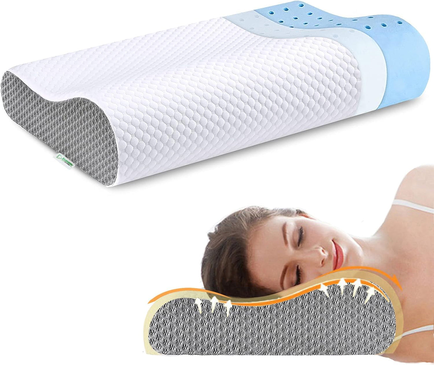Memory Foam Pude, Nakkestøttepude, Ergonomisk Nakkepude Til Forskellige Sovestillinger Med aftageligt betræk Cervikal Ortopædiske Puder Naty Shop Grå-Hvid