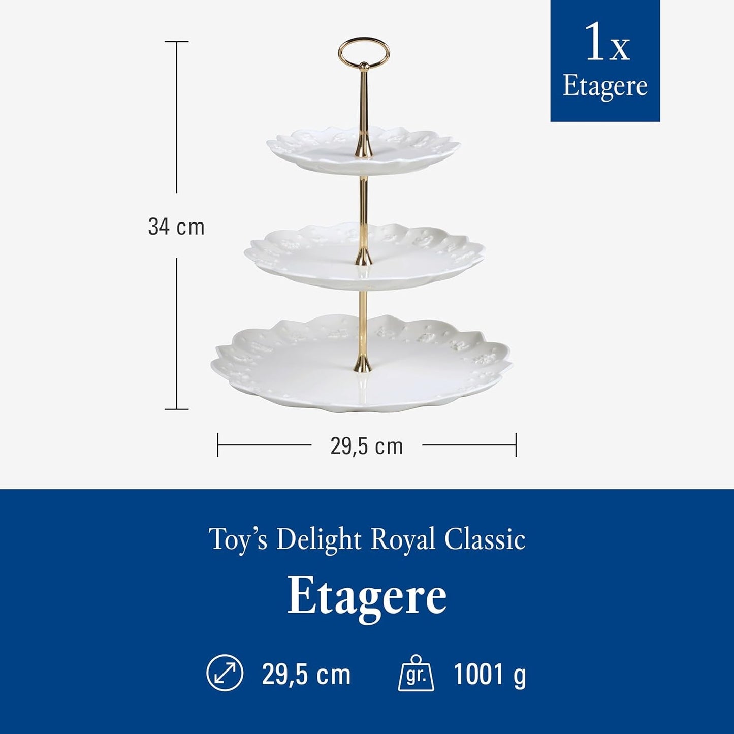 Villeroy & Boch Toys Delight Royal Classic hylde, dekorativt udstillingsstander i flere niveauer til småkager, kager og små kagestykker, premium porcelæn, hvid
