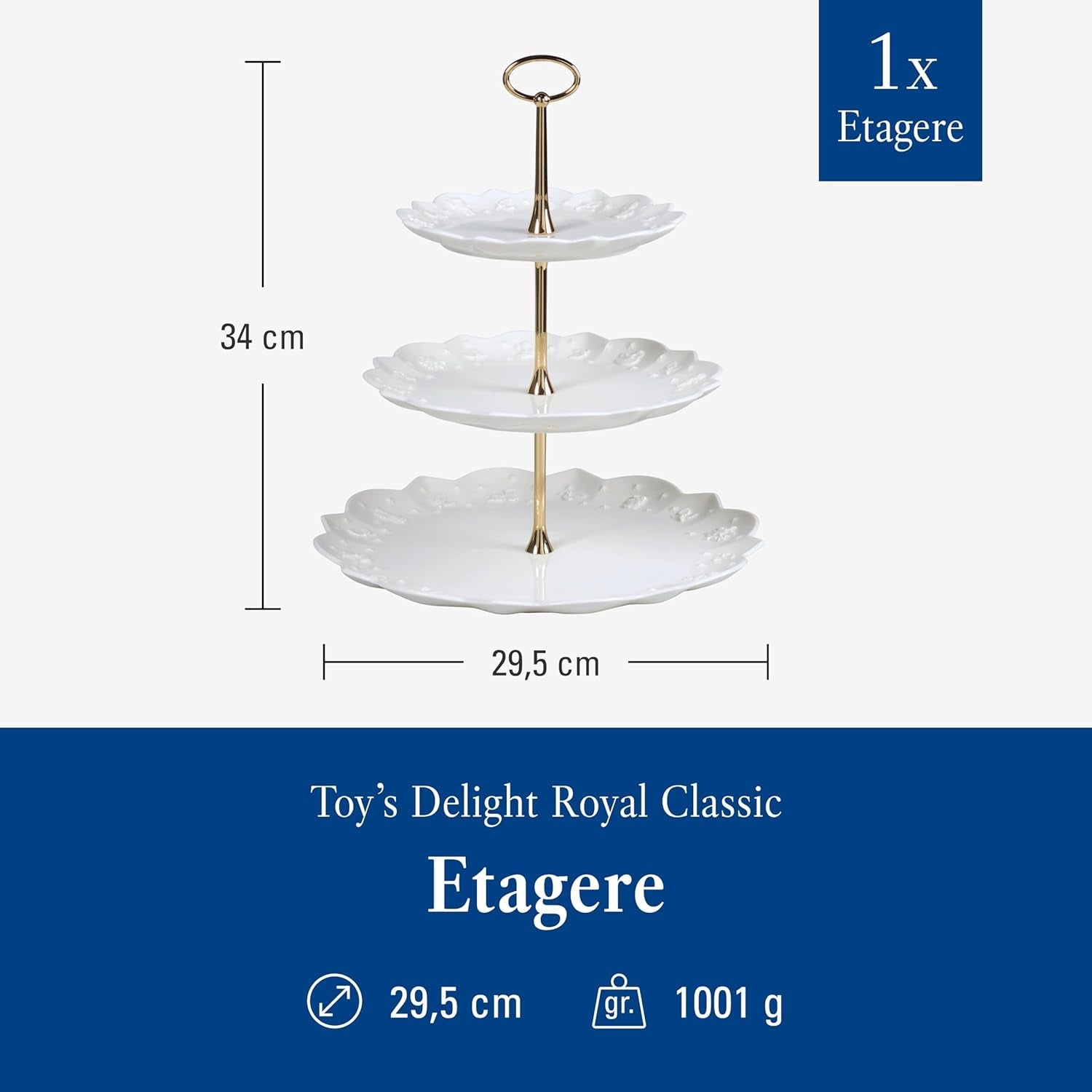 Villeroy & Boch Toys Delight Royal Classic hylde, dekorativt udstillingsstander i flere niveauer til småkager, kager og små kagestykker, premium porcelæn, hvid