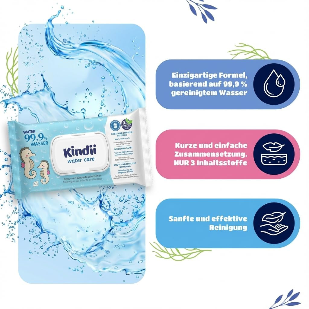 Kindii Water Care Wet Wipes - Aqua Baby Wipes - 100% viskose, 99,9% vand, grapefrugtekstrakt, tørklæde størrelse 150x200, 100% biologisk nedbrydeligt, plastikfri, renseservietter til følsom hud