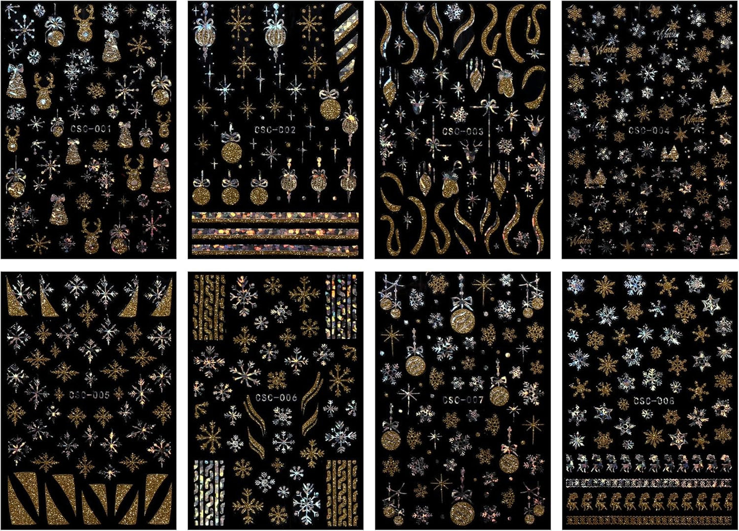 JMEOWIO Nagelsticker Weihnachten Gold Glitter Silber 8 Blatt Nail Art Sticker Selbstklebend Nagelaufkleber Schneeflocke Winterurlaub Dekoration Nageldesign Zubehör