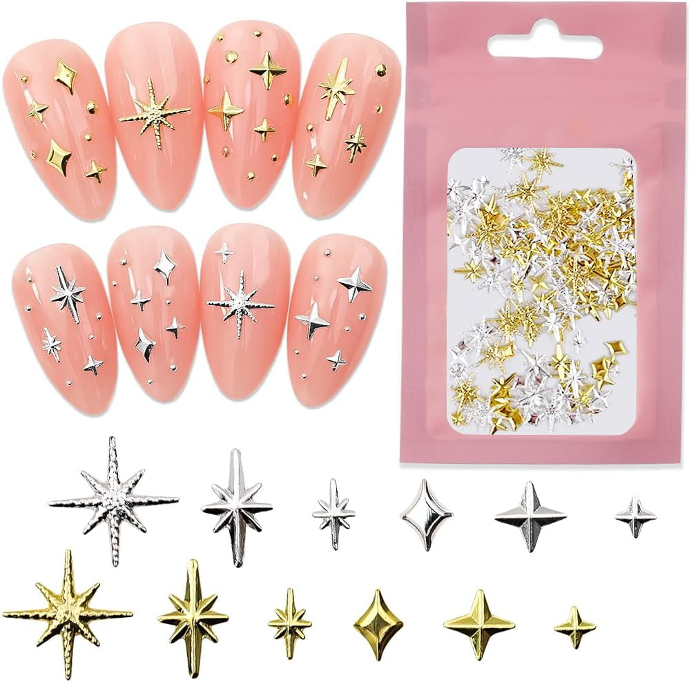120 stk Guld-Sølv Stjerne Nail Charms Star Y2K Nails Metal Star Nail Charms Blandede størrelser Negleskruer Star Nail Design Nail Art 3D Star Charms Negledekoration Negle Charms Negletilbehør