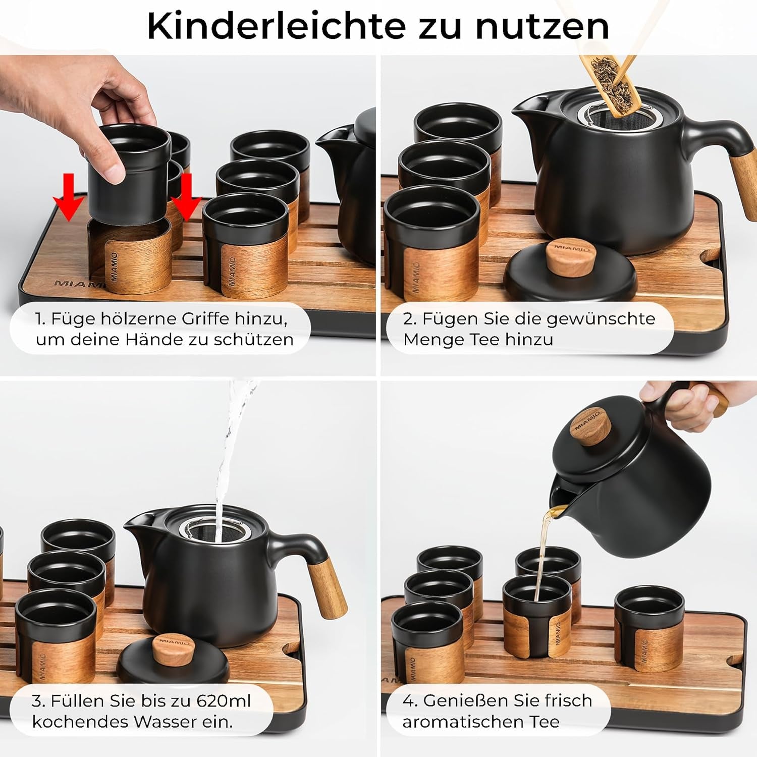 MIAMIO - Japansk/kinesisk tesæt 6 x 100 ml / Asiatisk tekande 620 ml med teinfuser, traditionelt japansk tekandesæt til teelskere/mænd/kvinder (sort)