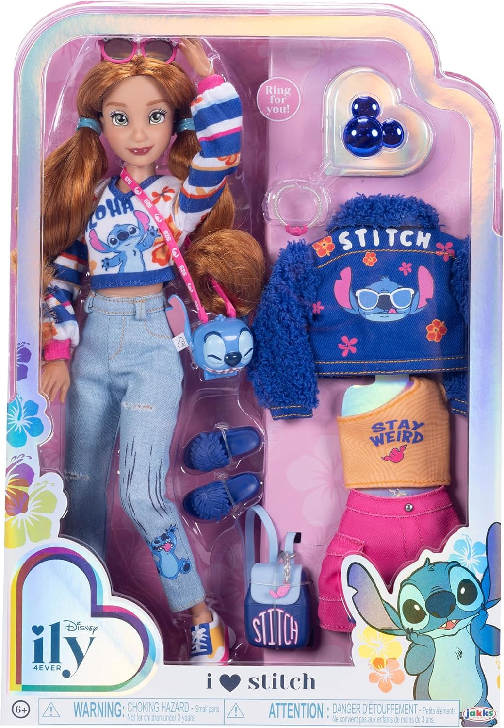 Disney ILY 4EVER Stitch modedukker med rødt hår, 29 cm høje, med 13 artikulationspunkter, to komplette mix-and-match outfits og en funklende Mickey-ring til dig!