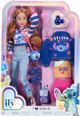 Disney ILY 4EVER Stitch modedukker med rødt hår, 29 cm høje, med 13 artikulationspunkter, to komplette mix-and-match outfits og en funklende Mickey-ring til dig!