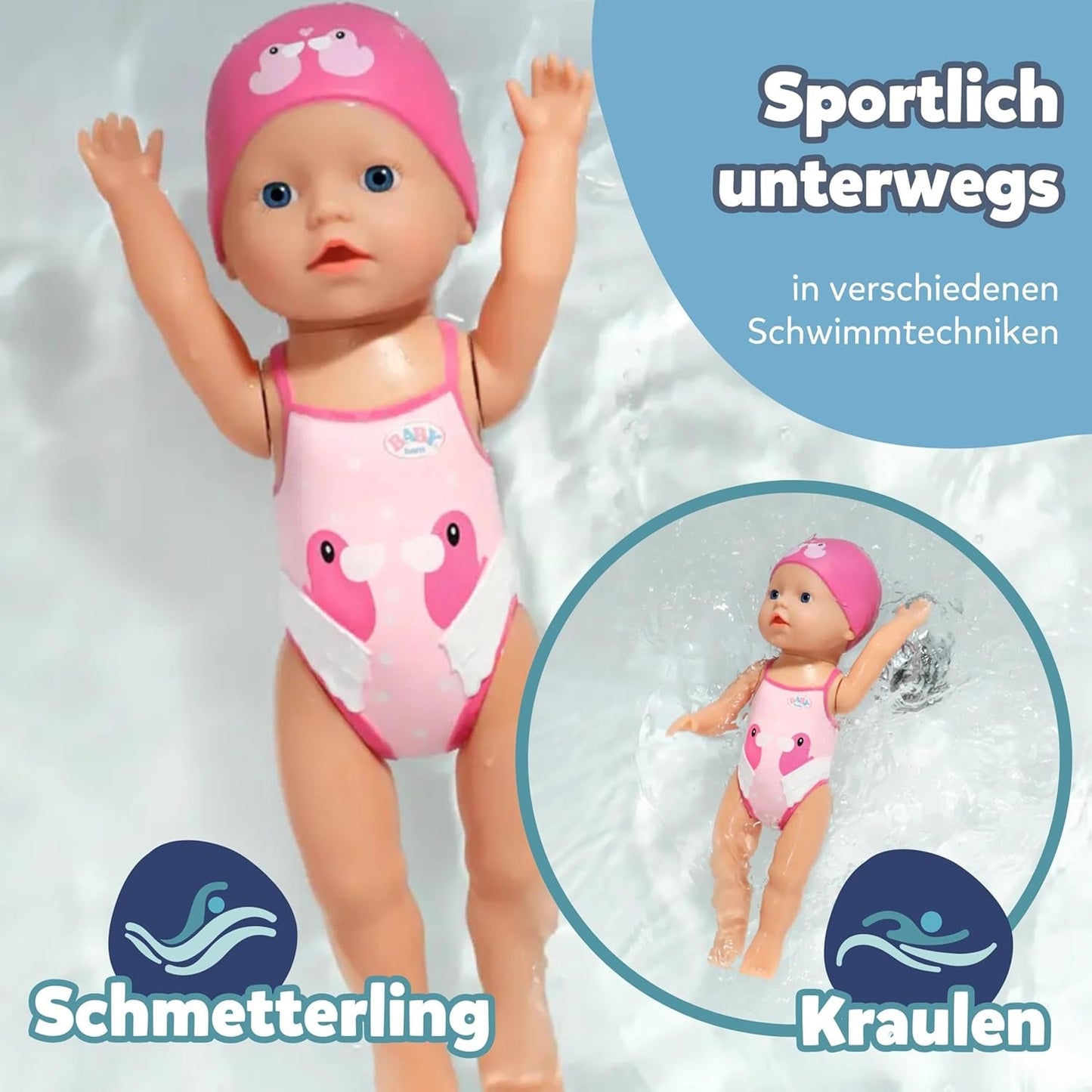 BABY Born My First Swimmer Girl - 30 cm Dukke - Badedukke med drejemekanisme, Vandtæt - Virker uden batterier - Velegnet til børn fra 1 år og derover