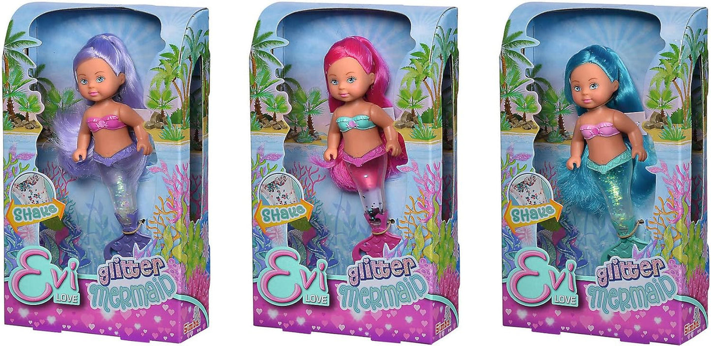 Simba 105733482 - Evi Love Glitter Mermaid, havfruedukke med en halefinne, der lyser, når den rystes. Der leveres kun EN vare.