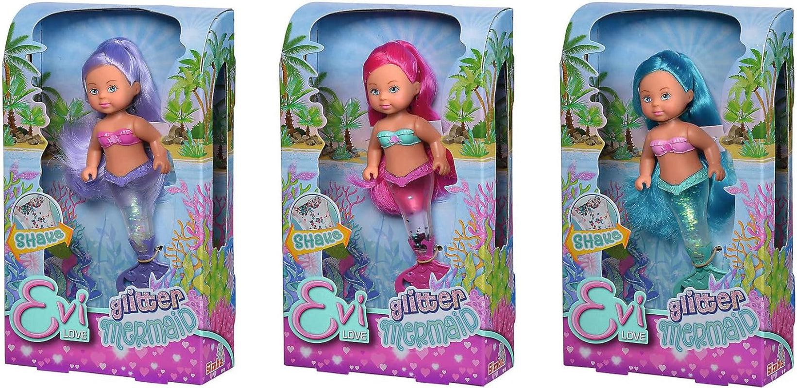 Simba 105733482 - Evi Love Glitter Mermaid, havfruedukke med en halefinne, der lyser, når den rystes. Der leveres kun EN vare.