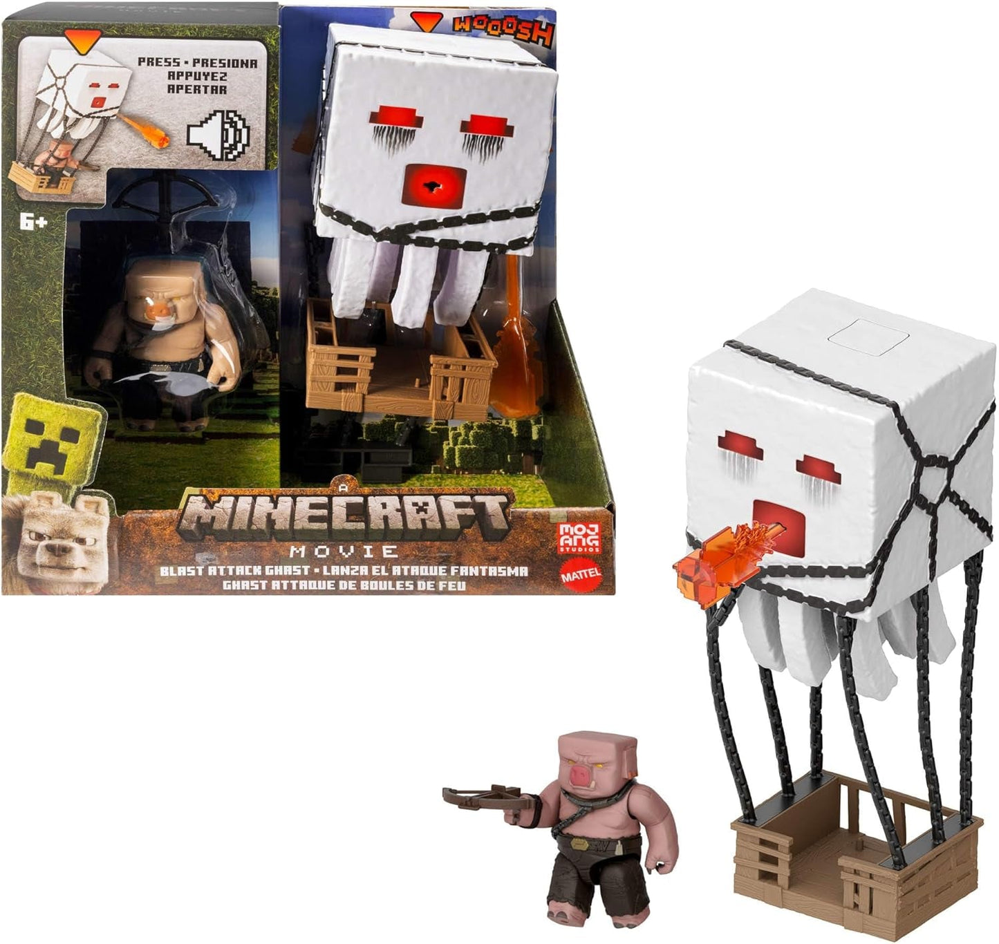 Mattel Minecraft Action Figursæt, Ghast With Fire Attack, Lys, Noise, Starter And Projectile, Piglin Warrior, Inspired By The Movie, JFB69 Actionfigurer Naty Shop Standardtitel