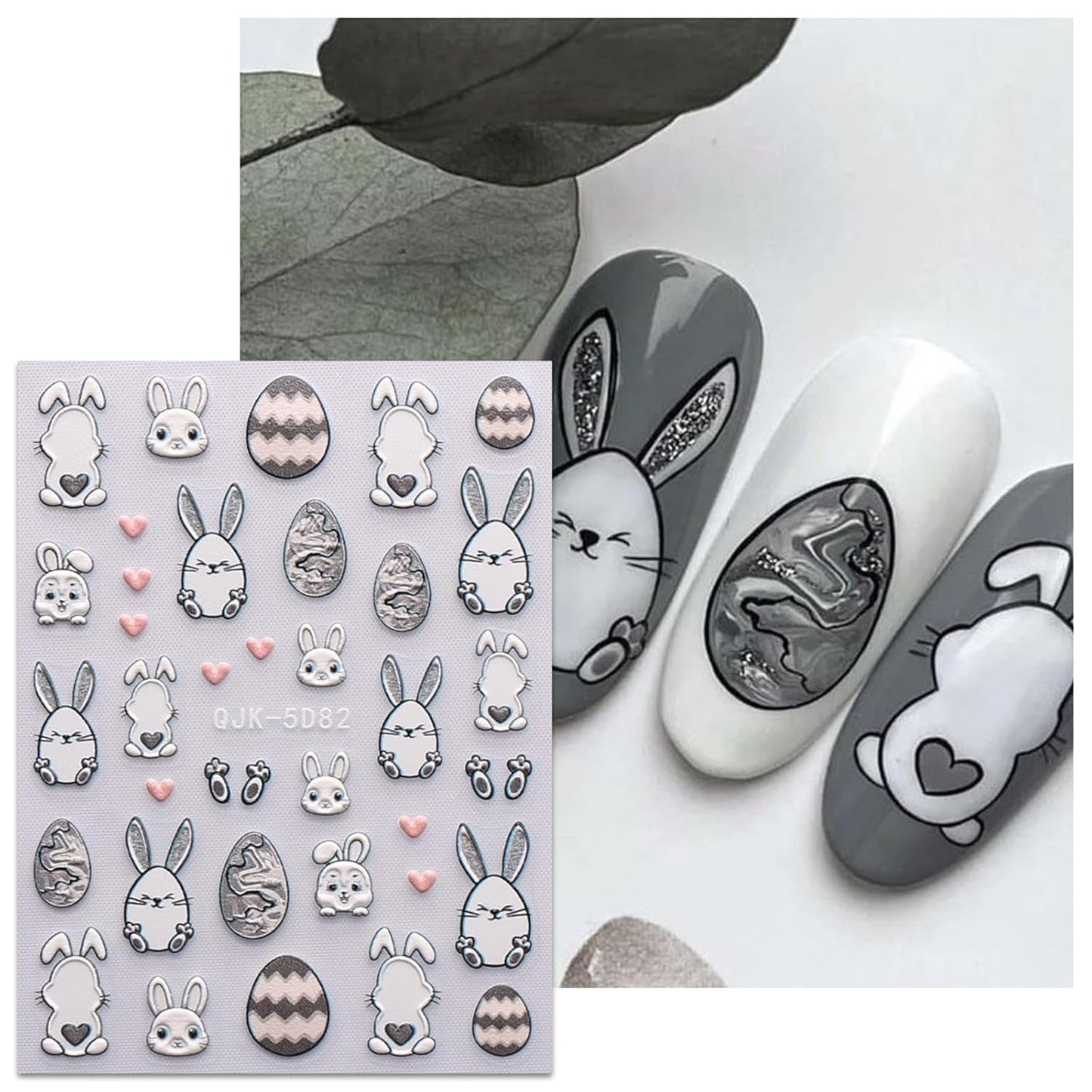 JMEOWIO 6 Blatt 3D Nagelsticker Ostern Nail Art Sticker Selbstklebend Nagelaufkleber 5D Stereoskopisk Süßer Hase Ei Dekoration Nageldesign Zubehör