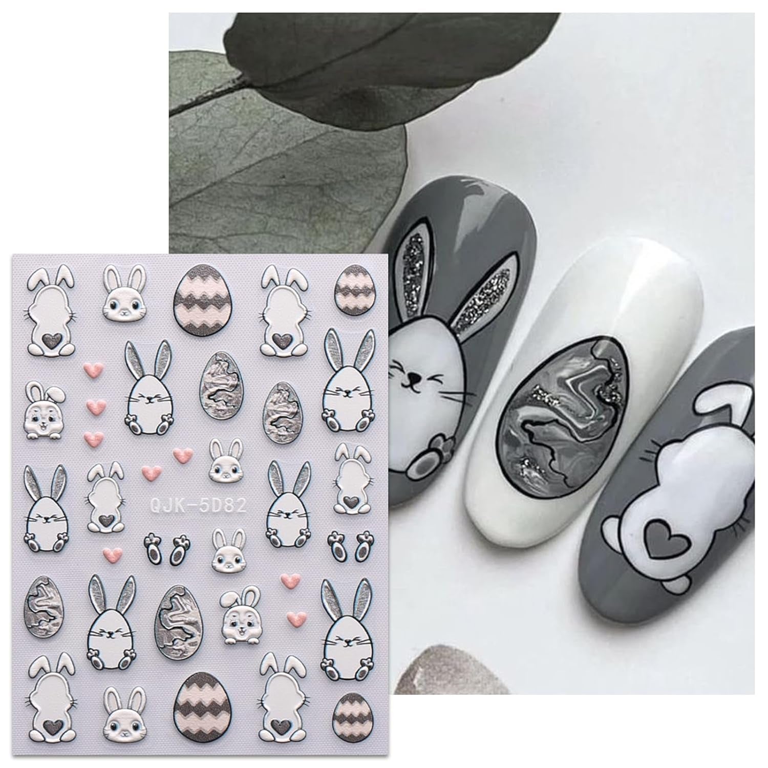 JMEOWIO 6 Blatt 3D Nagelsticker Ostern Nail Art Sticker Selbstklebend Nagelaufkleber 5D Stereoskopisk Süßer Hase Ei Dekoration Nageldesign Zubehör