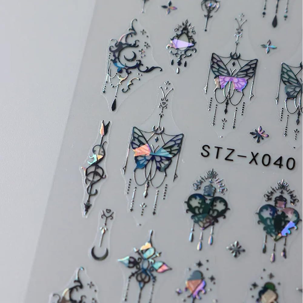 3D Metallic Schwarz Schmetterling Nagelsticker - Laser Pink Aurora Nagelaufkleber - Punk Butterfly Nail Art Stickers - Sølv Nail Sticker - Nageldesign Tilbehør