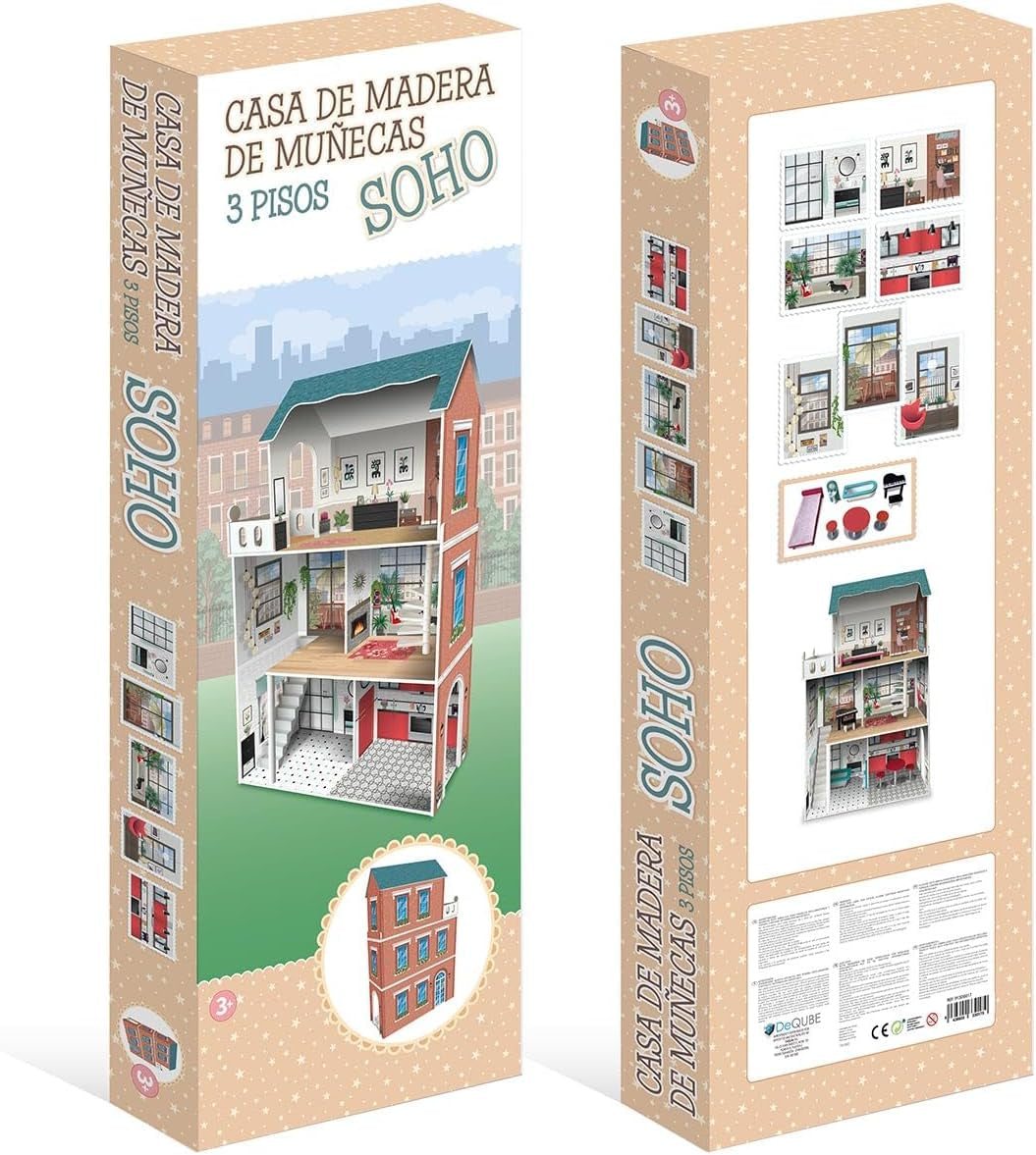 Soho-Madera design 3-etagers dukkehus med 8 møbler, størrelse 120 X 33 X 75 cm (913D00181) Naty Shop Dukkehuse