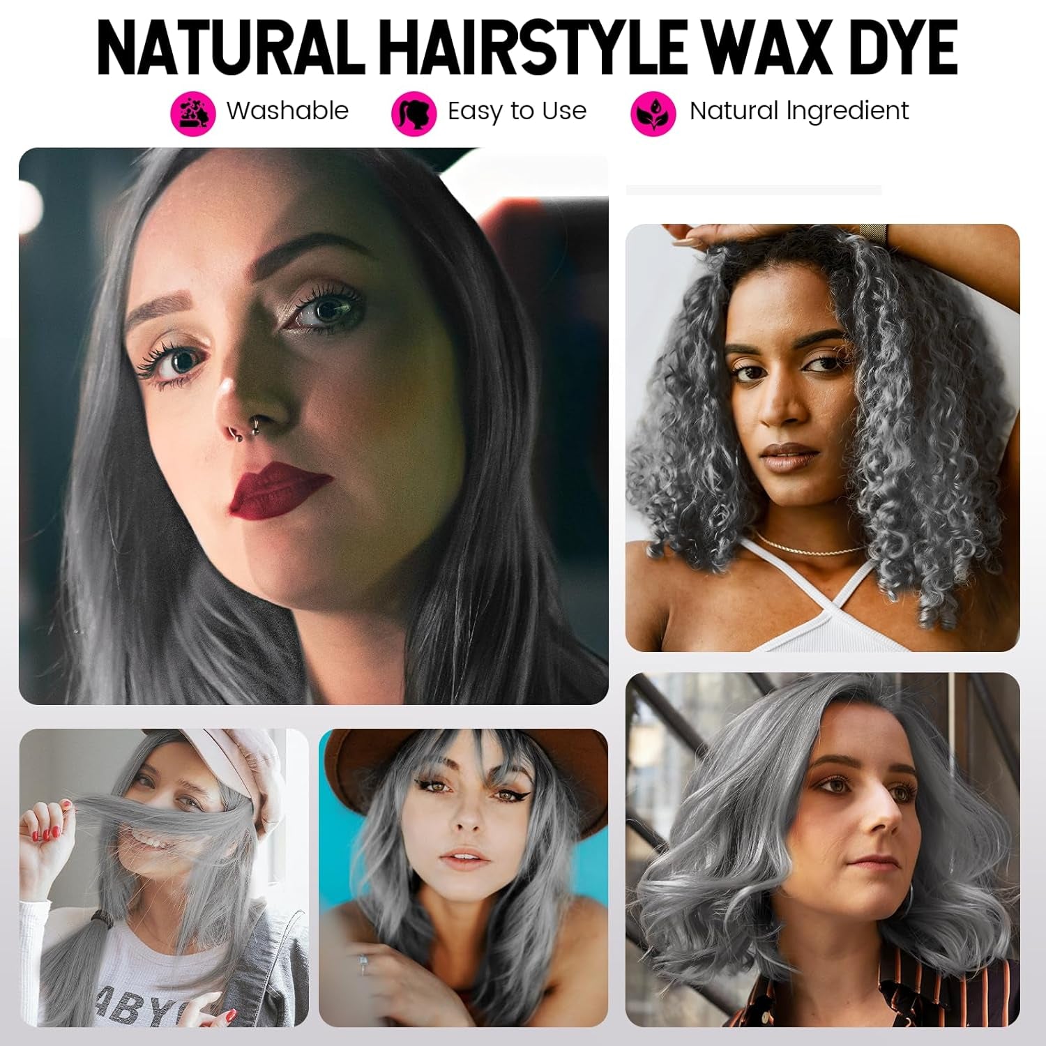 Midlertidig hårfarve, styling af hårfarve til mænd, kvinder, naturlig hårpomade, hårfarvevoks til fest, cosplay og halloween, 4,23 oz (sølvgrå) Naty Shop hårfarve