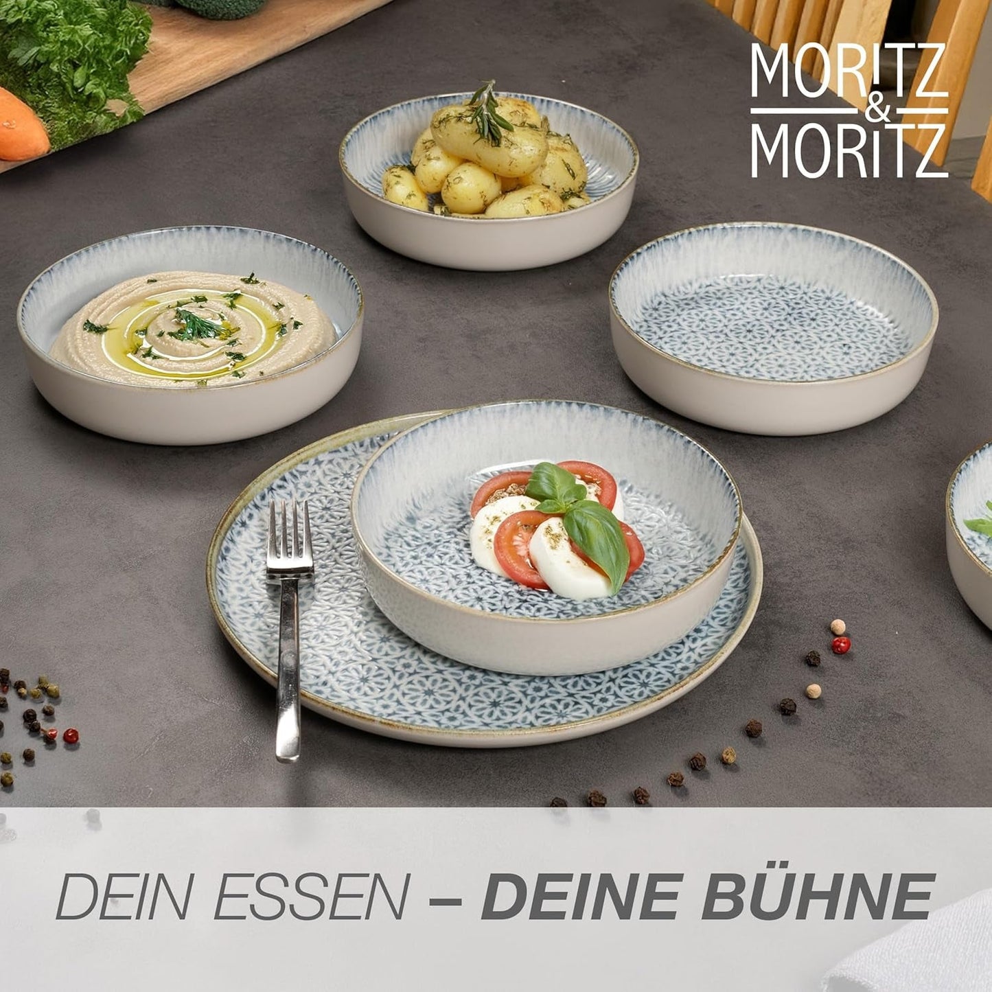 Moritz & Moritz ALHAMBRA Spisesæt til 6, 18 stykker, porcelæn af høj kvalitet - Moderne blåt porcelæn - Nemt at vedligeholde sæt med 6 middagstallerkener, 6 desserttallerkener og 6 skåle