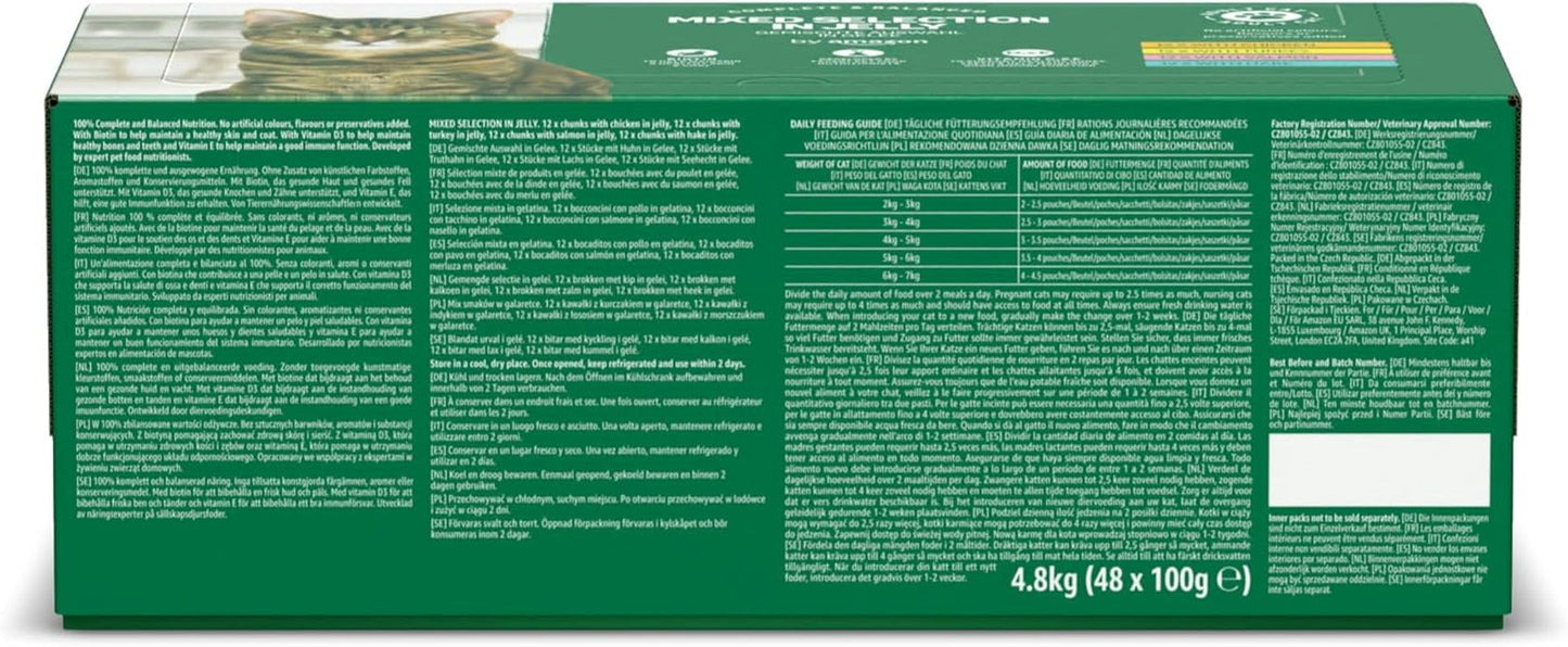 Amazon kornfri våd kattefoder til voksne katte Blandet udvalg i gelé 4,8 kg (48 pakker á 100 g hver)