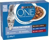 PURINA ONE | BIFENSIS | Foder til steriliserede voksne katte | Understøtter kattens vitalitet, knogler, muskler og led | I sauce | Poser med and, sardiner, oksekød, friskhed | 1 stk (8 x 85 g)