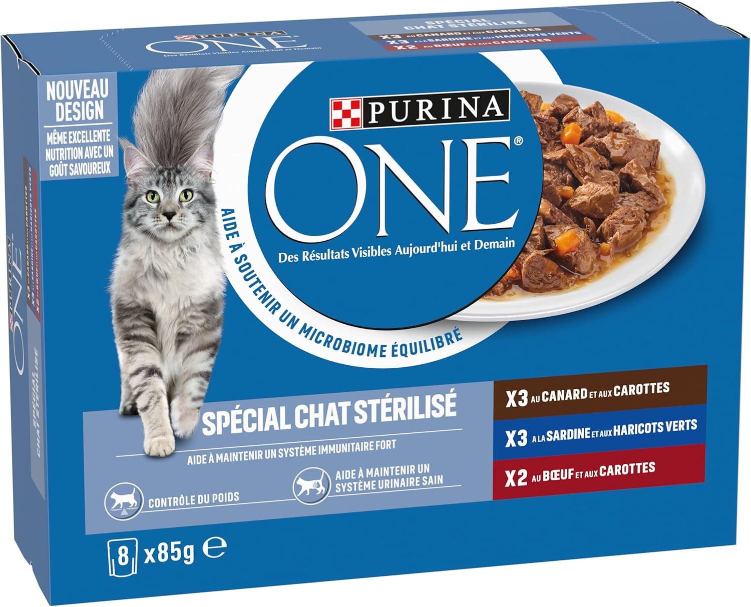 PURINA ONE | BIFENSIS | Foder til steriliserede voksne katte | Understøtter kattens vitalitet, knogler, muskler og led | I sauce | Poser med and, sardiner, oksekød, friskhed | 1 stk (8 x 85 g)