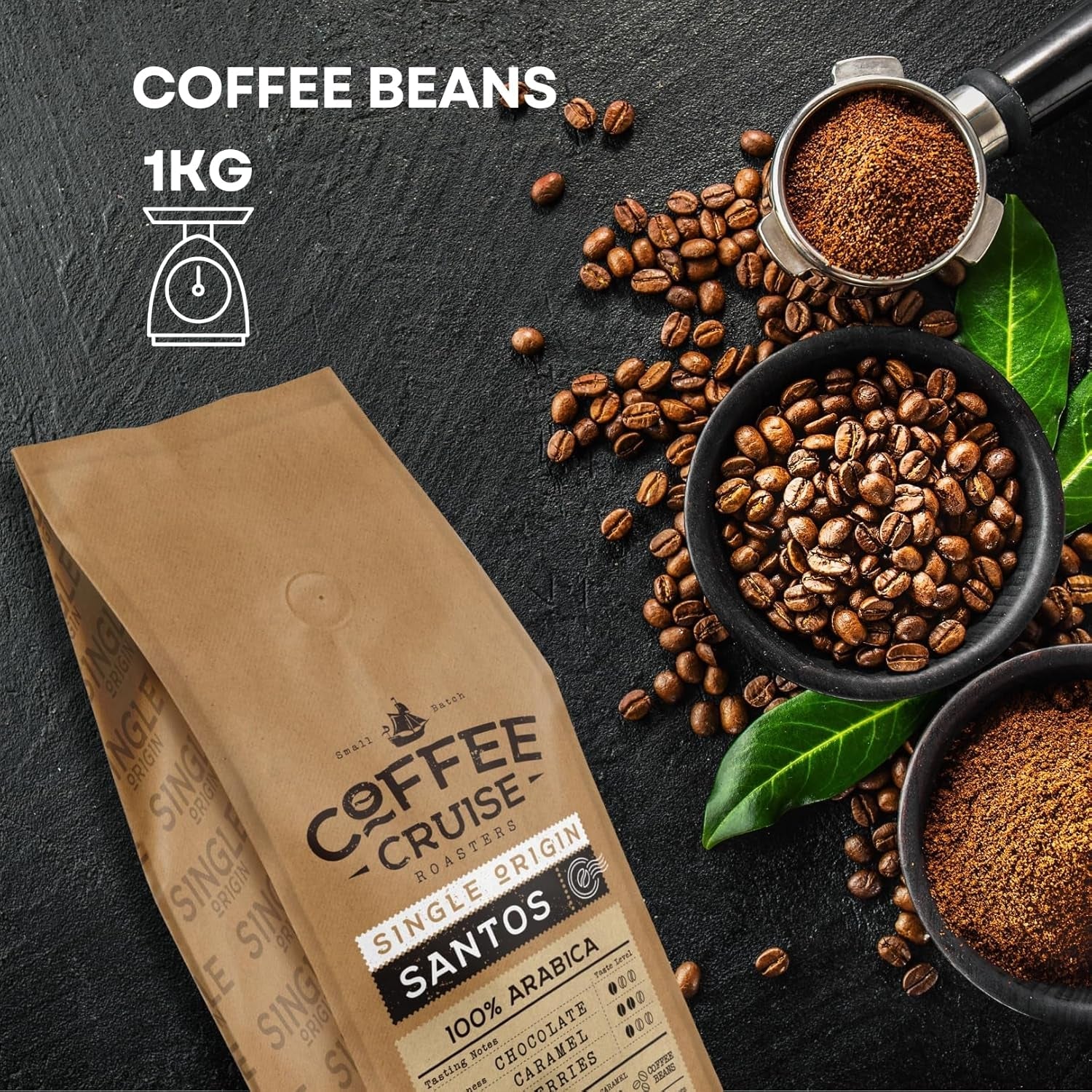 COFFEE CRUISE Santos Kaffeebohnen 1kg - Mittlere Röstung - Aroma Caramel - Für All Kaffeemaschinen - 100% arabisk