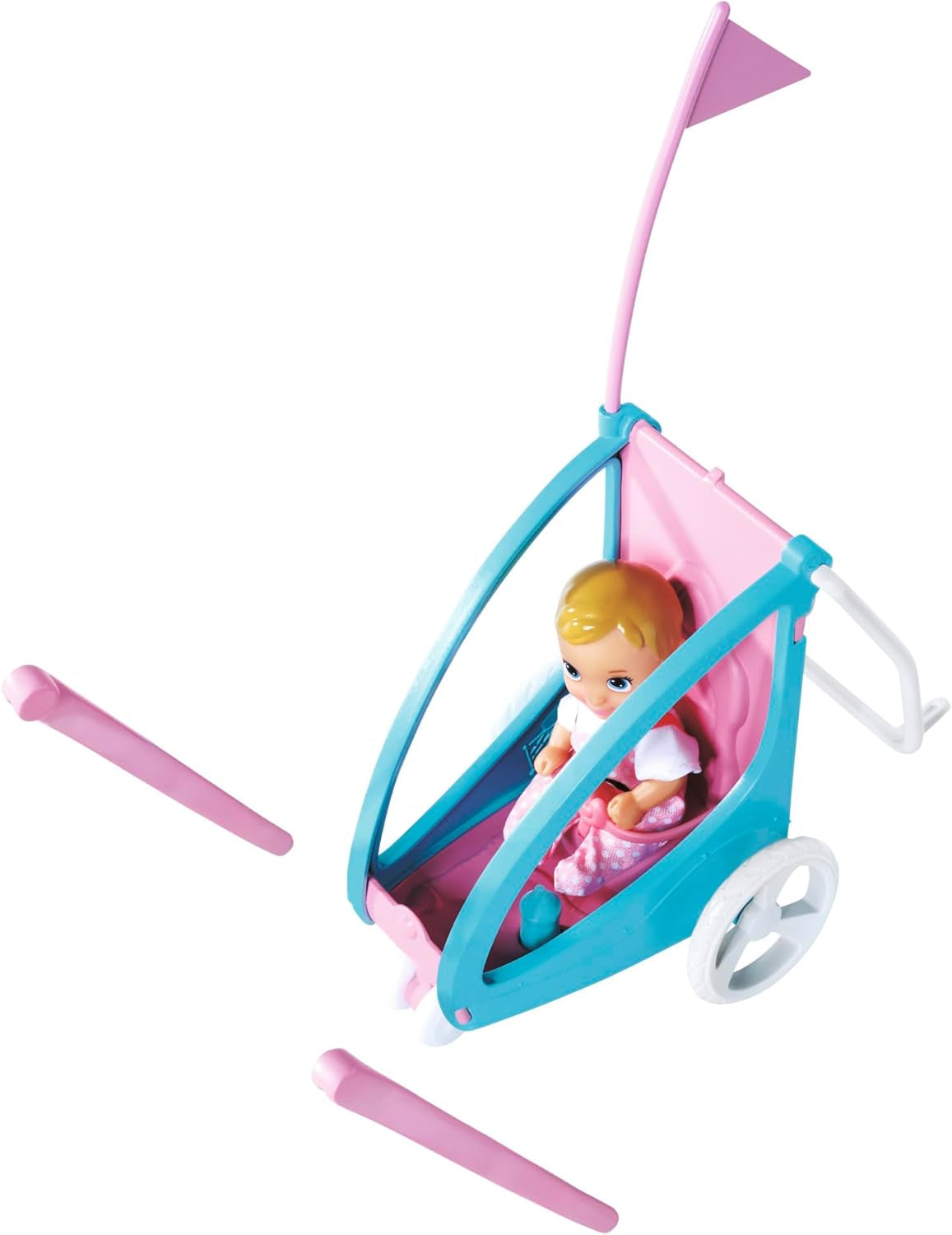 Steffi Love Bike Trailer, Dukke på cykel med trailer til baby, hund og hovedtelefoner, 3 år og opefter
