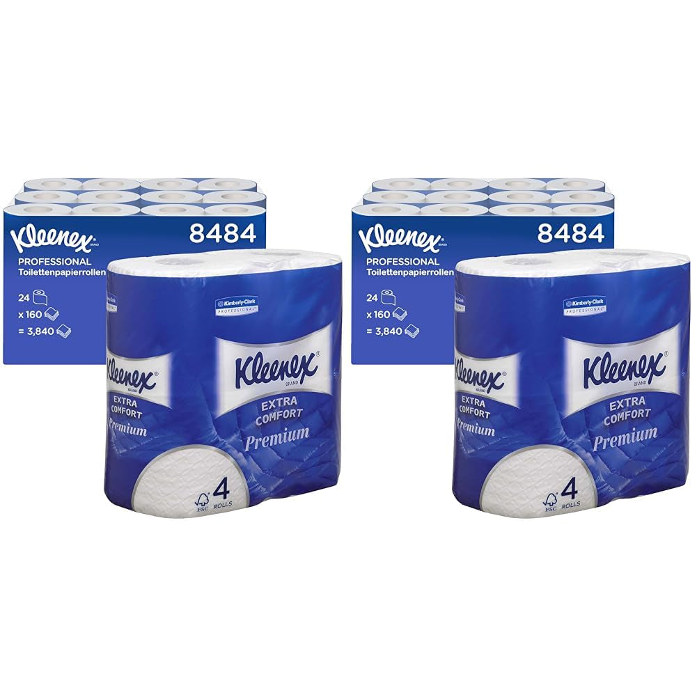 Kleenex Premium toiletpapirruller 8484, toiletpapir 24 ruller x 160 puffede ark, 4-lags toiletpapir, 100 % ren fiber, høj kvalitet, rivefast og blød (2 pakke)