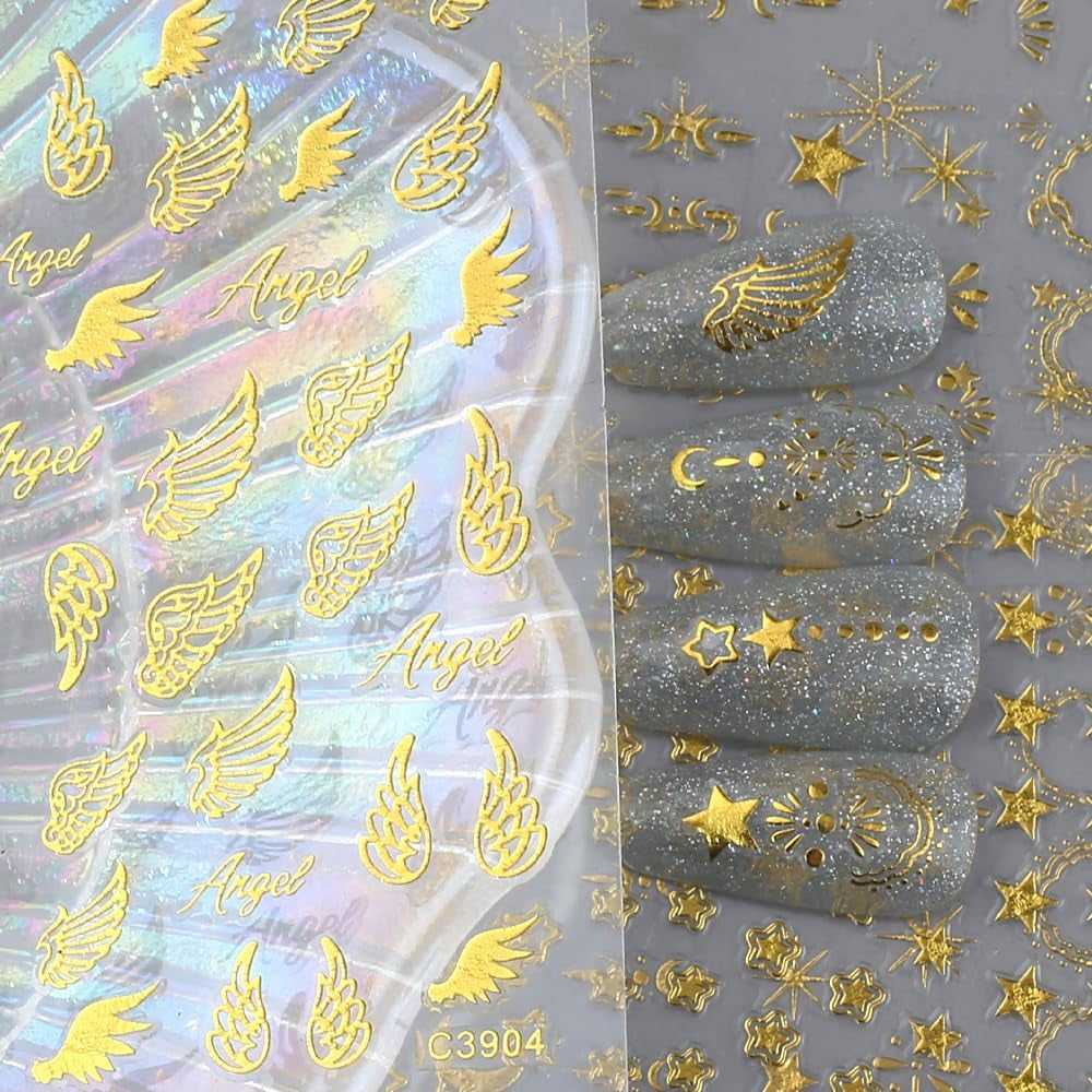8 ark Guld Måne og Stjerner Nail Art Stickers Englevinger Tan Guld Nail Stickers Stjerner Negle Foils Selvklæbende negle Stickers Negle Design Tilbehør Negle Stickers