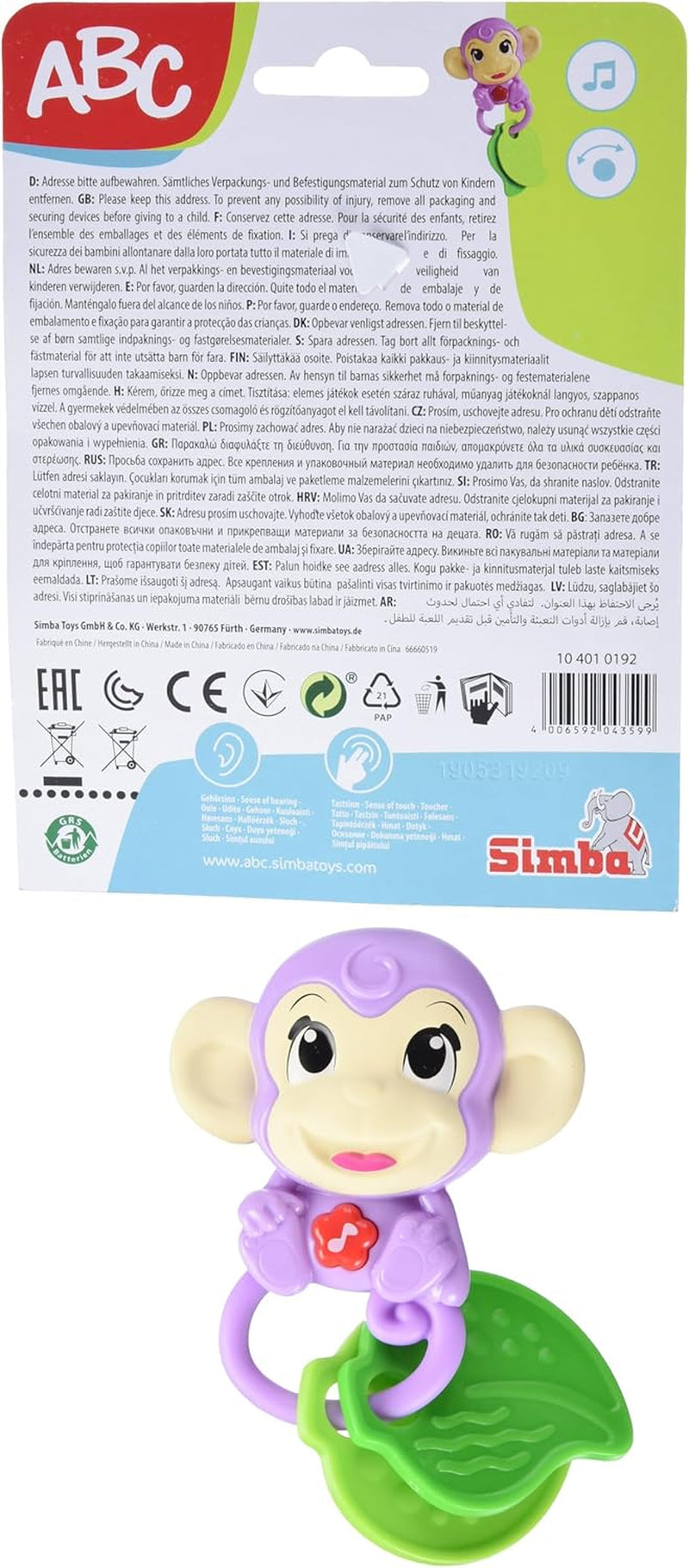 Simba 104010192 - ABC abe musikalsk rangle, 2 sanseelementer, med musikalsk funktion, 17cm, legetøj til børn, fra 6 måneder Baby Toys Naty Shop