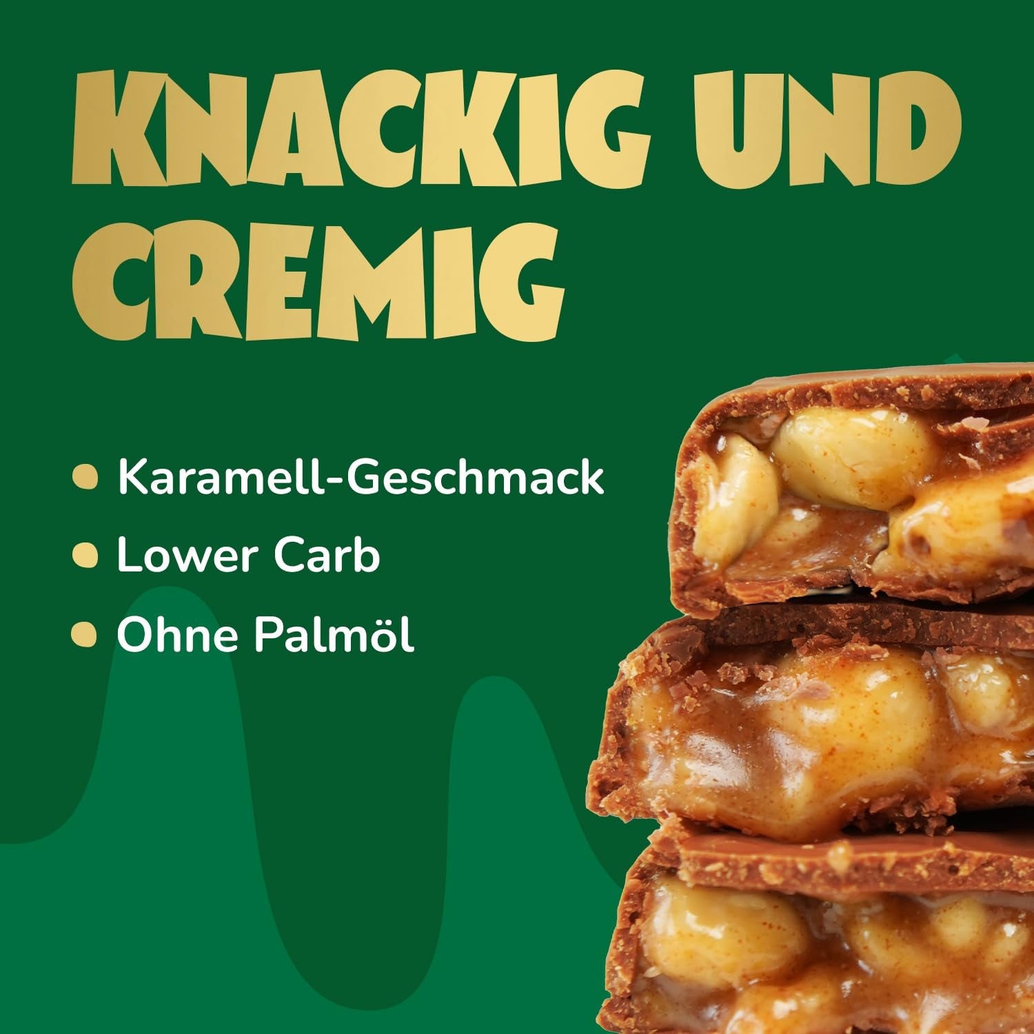 Karamel- og hasselnøddechokoladebarer forude | 12 chokoladebarer x 35 g uden tilsat sukker | 1,9 g sukker pr. bar | Sprød hasselnød og karamel smag | Low Carb slik | Ingen palmeolie