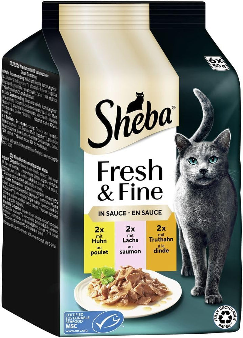 Sheba Portion Pouches Vådfoder til katte, multipak Fresh & Fine i sauce med MSC kylling og laks, 6x6x50g - Fine måltider til katte i sauce