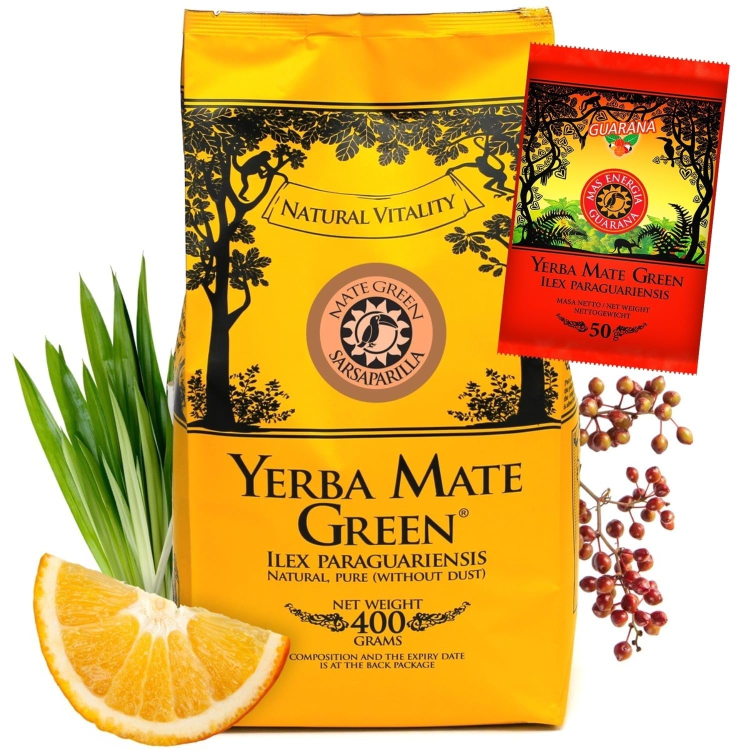 Yerba SARSAPARILLA 400G ● Sød og forfriskende Mate-te ● Sarsaparilla-blade ● Mate-te fra Mate-blade ● Yebra Mate-te med GUARANA 50G ● Yerba Mate Løsbladste 450G ● Vegansk