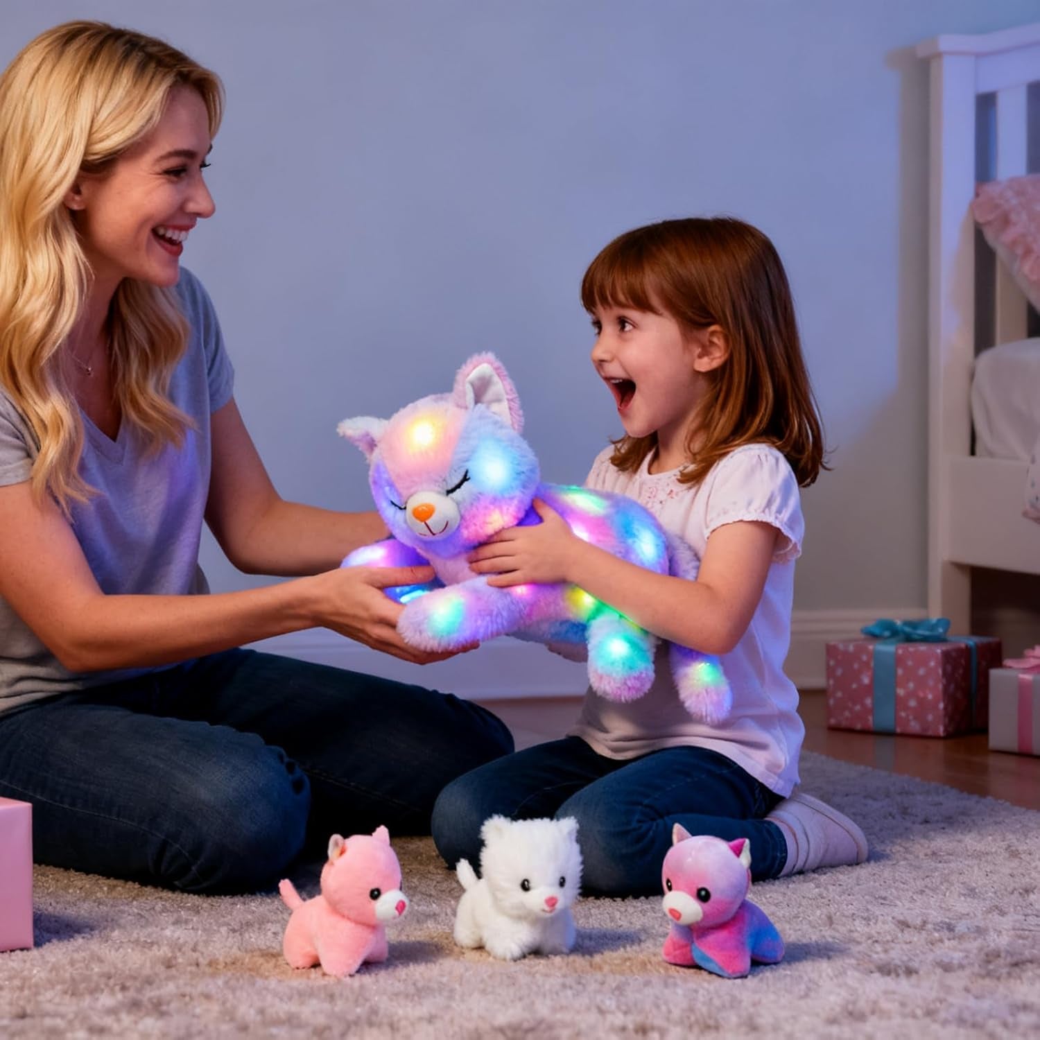 LED musikalsk plyskat, let syngende legetøj, kattemor med 3 killinger i maven, animeret vuggevise, beroligende legetøj til mødre, børn, små piger, regnbue, 45 cm