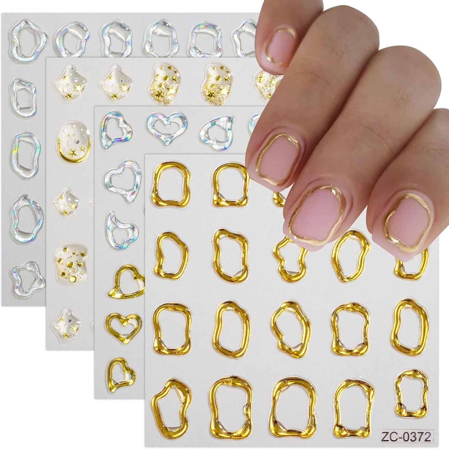 JMEOWIO 6 Blatt 3D Nagelsticker Goldene Unregelmäßige Geometrisk Nail Art Sticker Selbstklebend Nagelaufkleber 5D Stereoskopisk Dekoration Nageldesign Zubehör