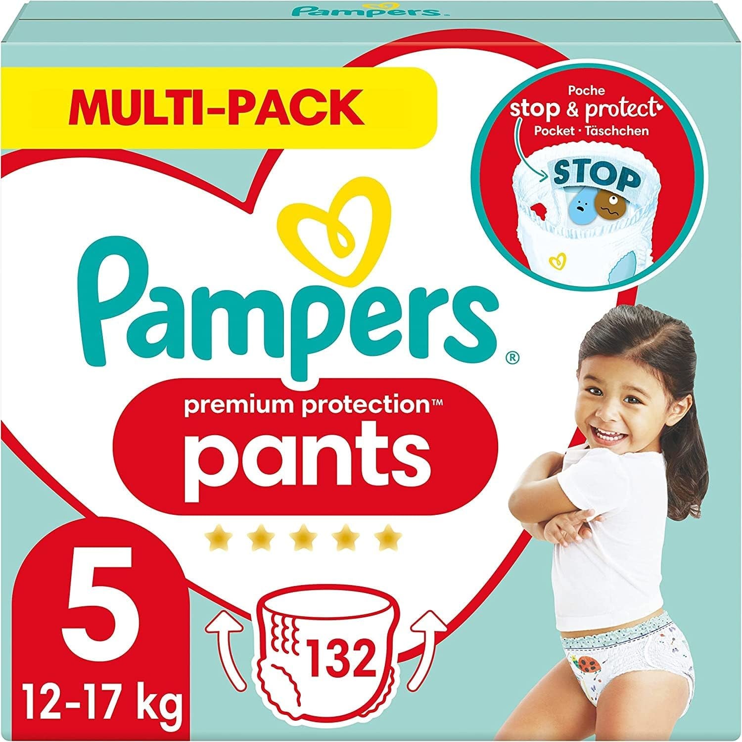 Pampers Premium Protection Pants str. 5, 144 bleer, 11 kg - 17 kg, med 360° justering og bløde anti-lækage manchetter for optimal komfort og beskyttelse