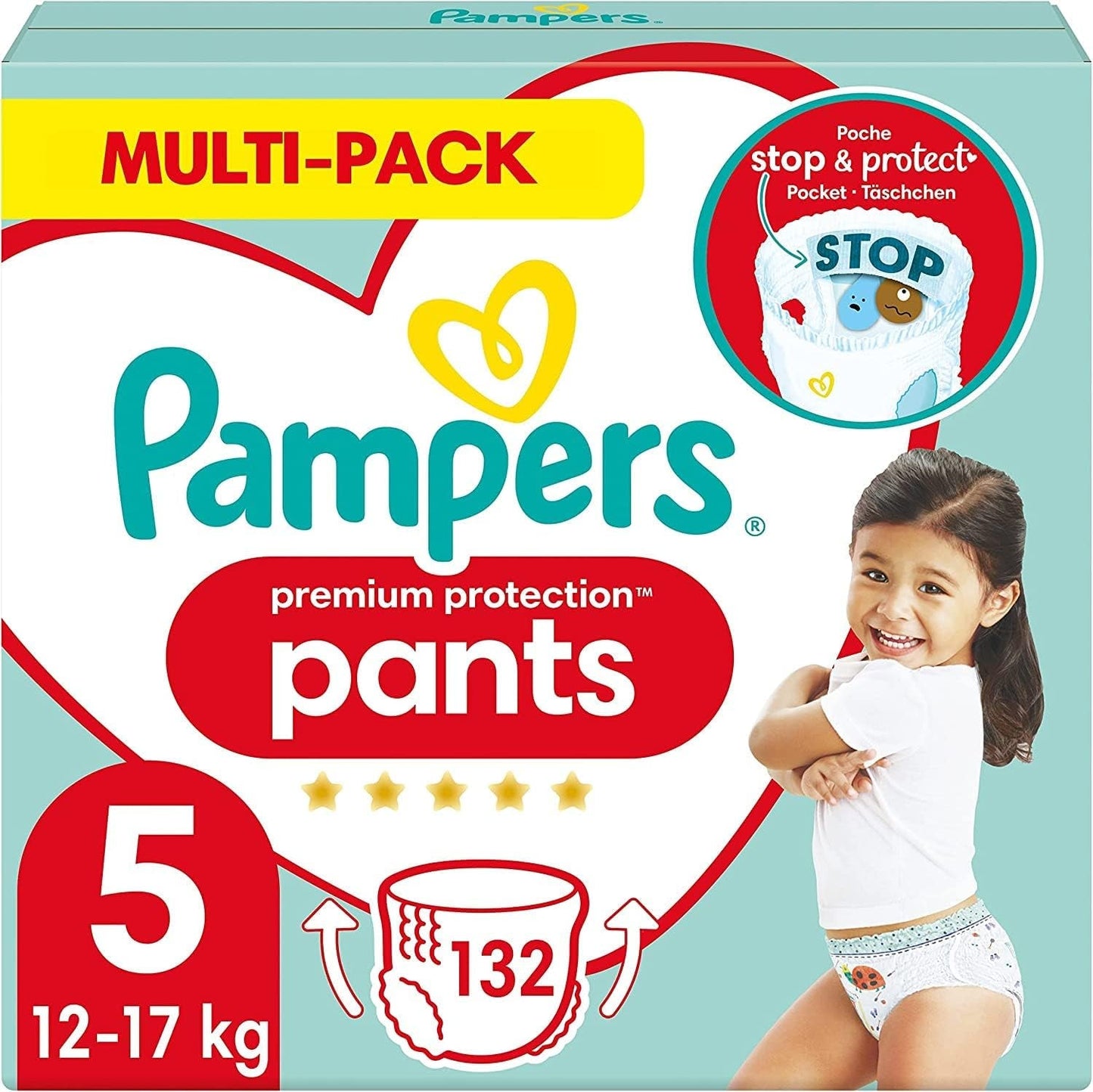 Pampers Premium Protection Pants Str. 7, 123 Bleer, 15 kg+, med 360° justering og bløde anti-lækage manchetter for optimal komfort og beskyttelse