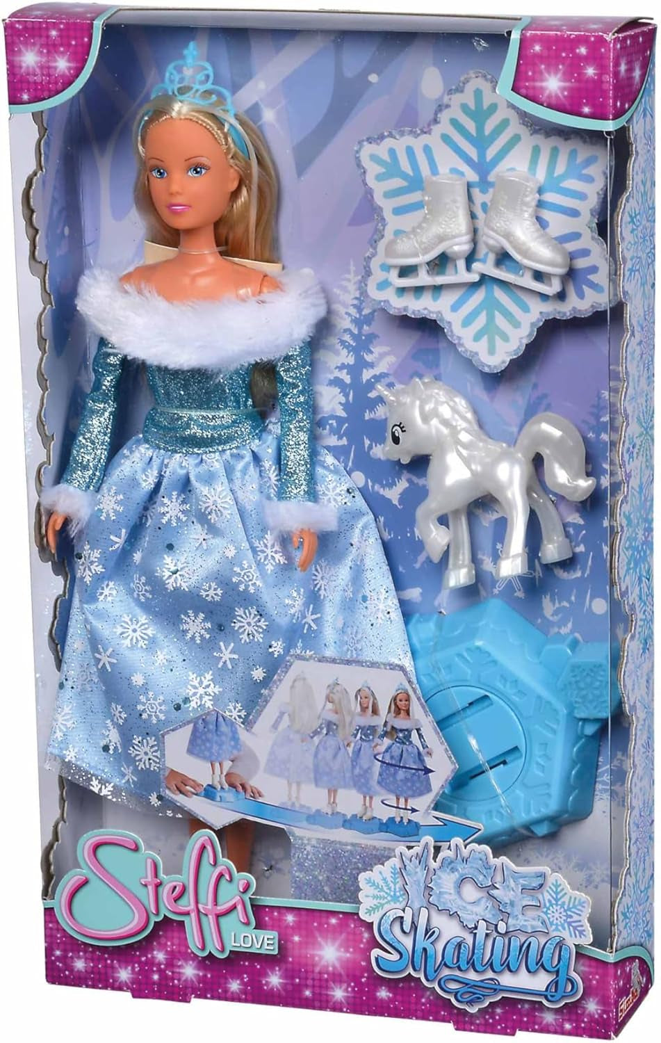 Simba 105733631 - Steffi Love Skating, Winter Princess Legedukke med Magic Skating Platform og Little Unicorn, 29 cm, 3 år og opefter