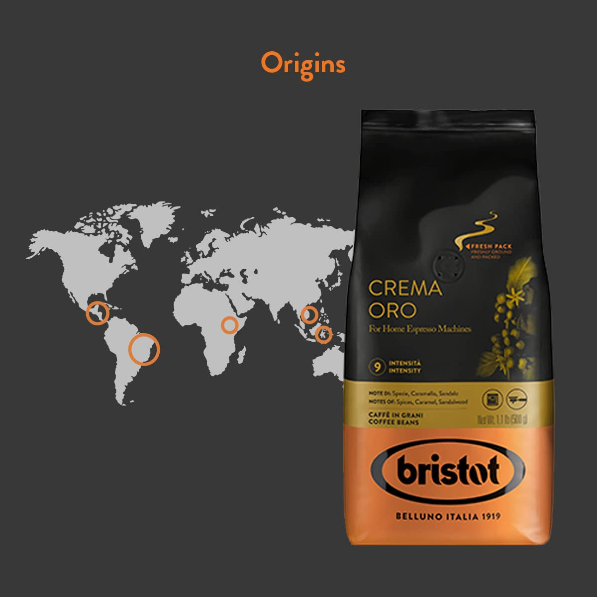 Bristot, Kaffeebohnen CREMA ORO – I alt 1 kg – Mischung mit intensivem Aroma, süßem Geschmack, Gewürzen, Caramel, Sandelholznoten – Sæt med 2 pro 500 g