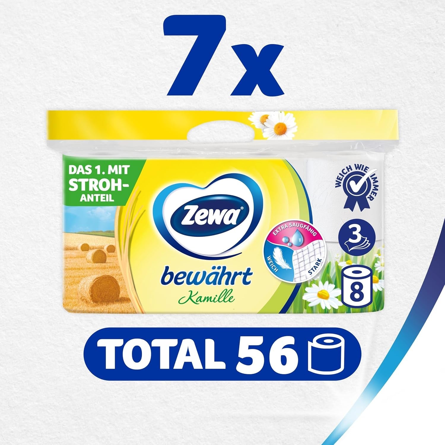 Zewa gennemprøvet kamilletoiletpapir med strå 7X 8 ruller