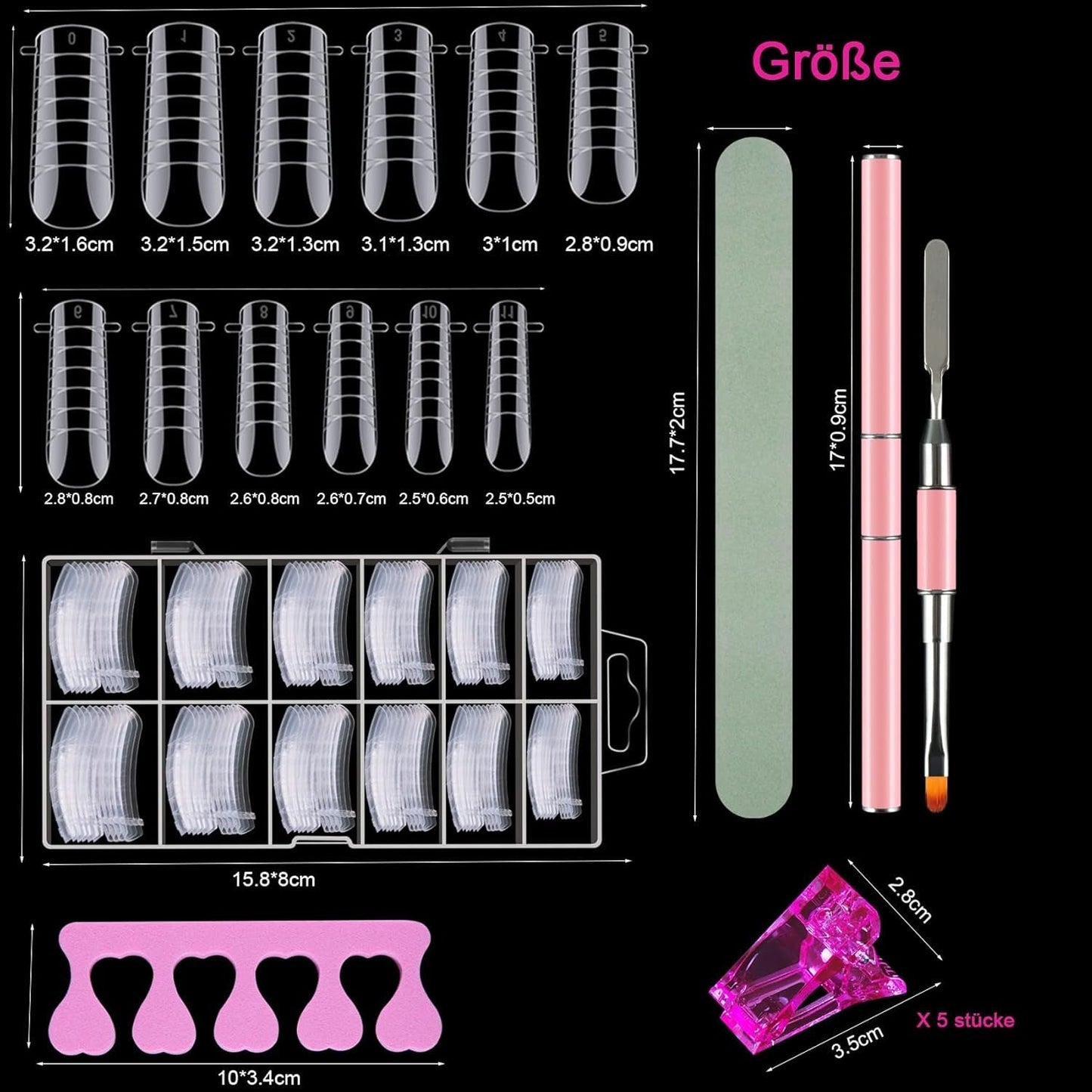 120 dobbelte negleformesæt, negleforlængelseskabeloner med pink dobbeltbørste, neglespidsklemme, tåseparator og neglefil til polygelnegle