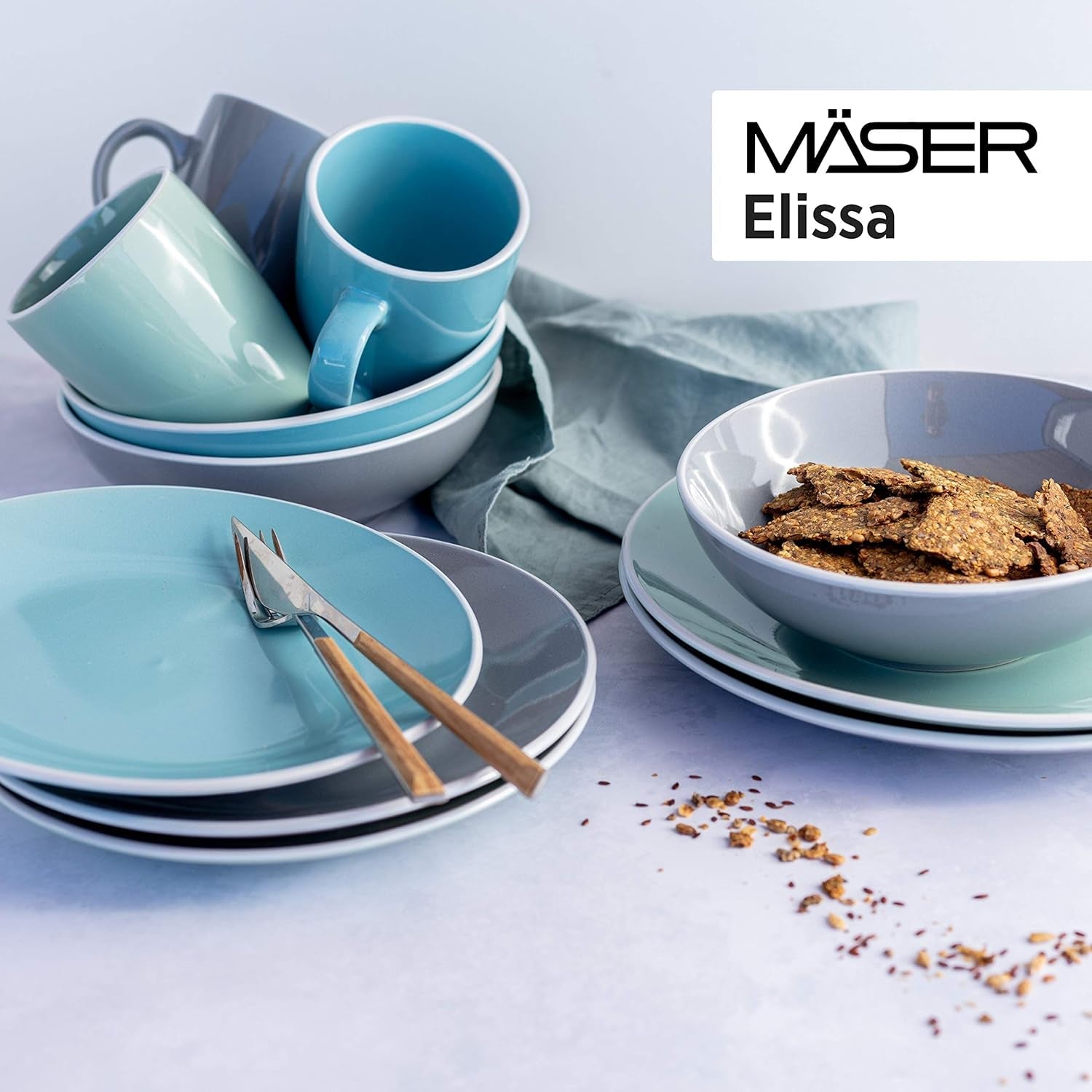 MÄSER 931844 Elissa-serien moderne servicesæt til 6, blå med hvid kant, 24-delt kombinationssæt, keramik