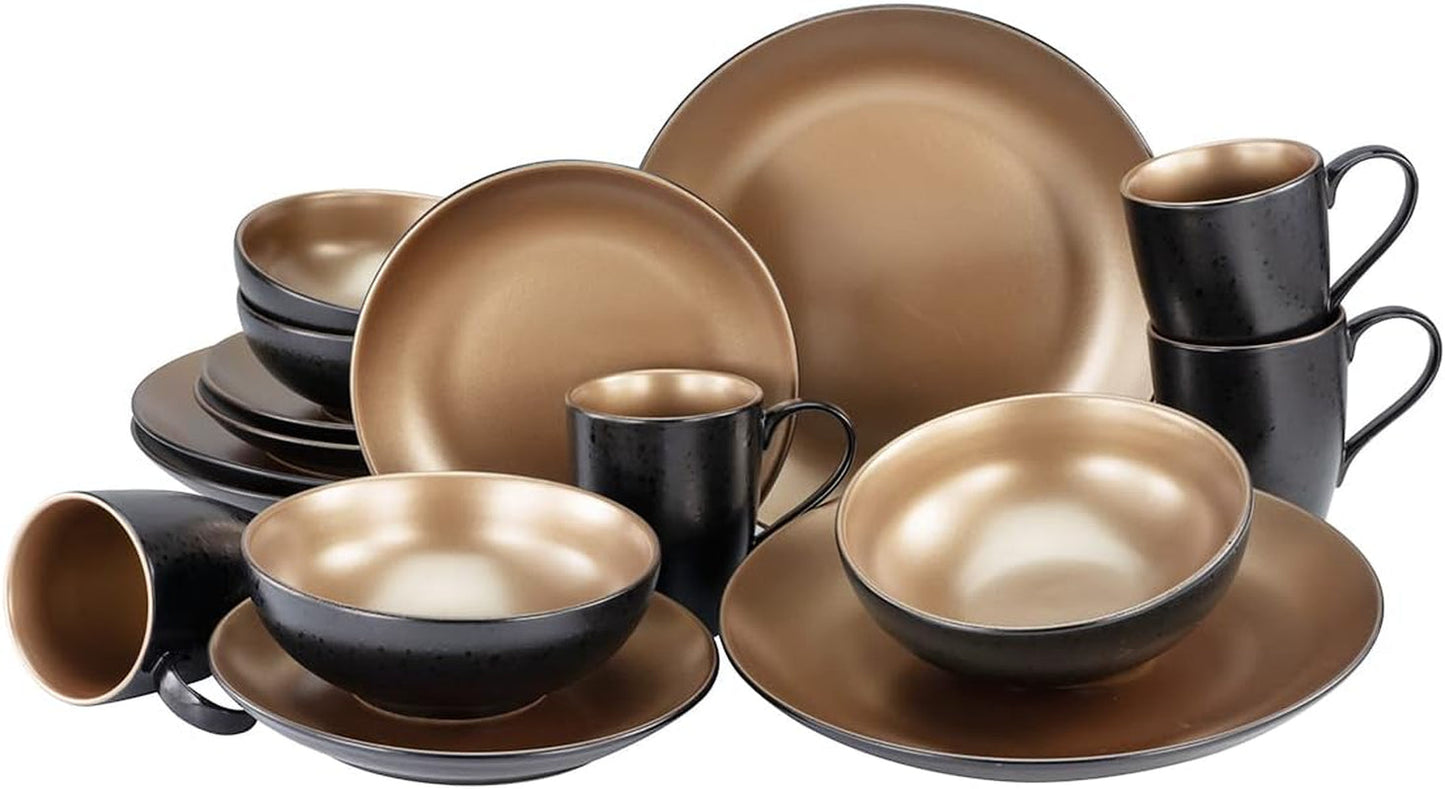 CreaTable, 23598, GLAMOR Series - Guld, 16-delt porcelænssæt, Porcelænskombinationsservice, Tåler opvaskemaskine og mikroovn, Kvalitetsfremstilling