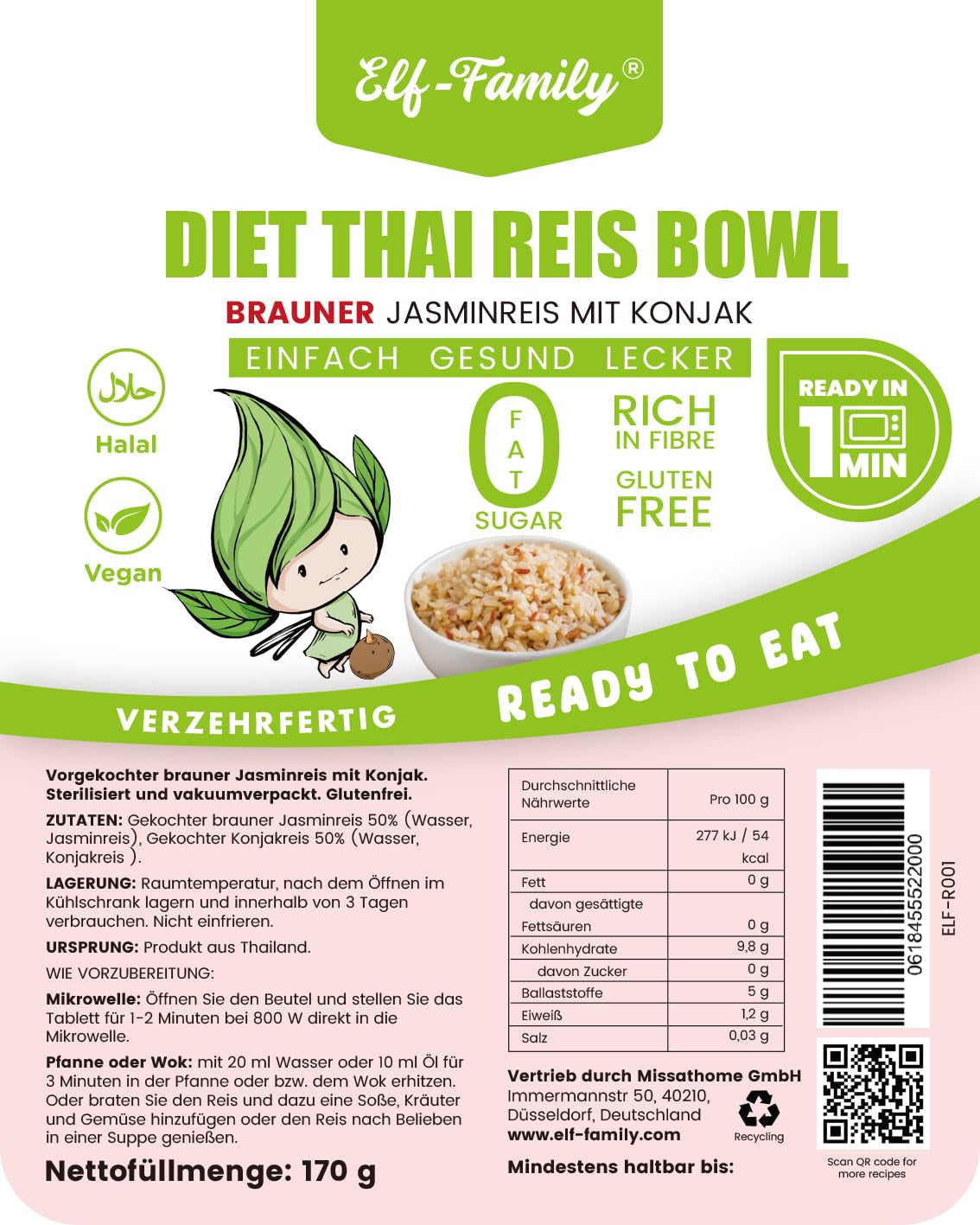 Elf-Family Konjak Reis Thai Brauner Shirataki Bowl -[Diätbox for 1 Wo.] - Instant Jasmin Reis - Fertiggerichte für Mikrowelle - Natürlich Superfoods Mikronährstoffe - Vegansk/Low Carb/Fettfrei- 6er Box