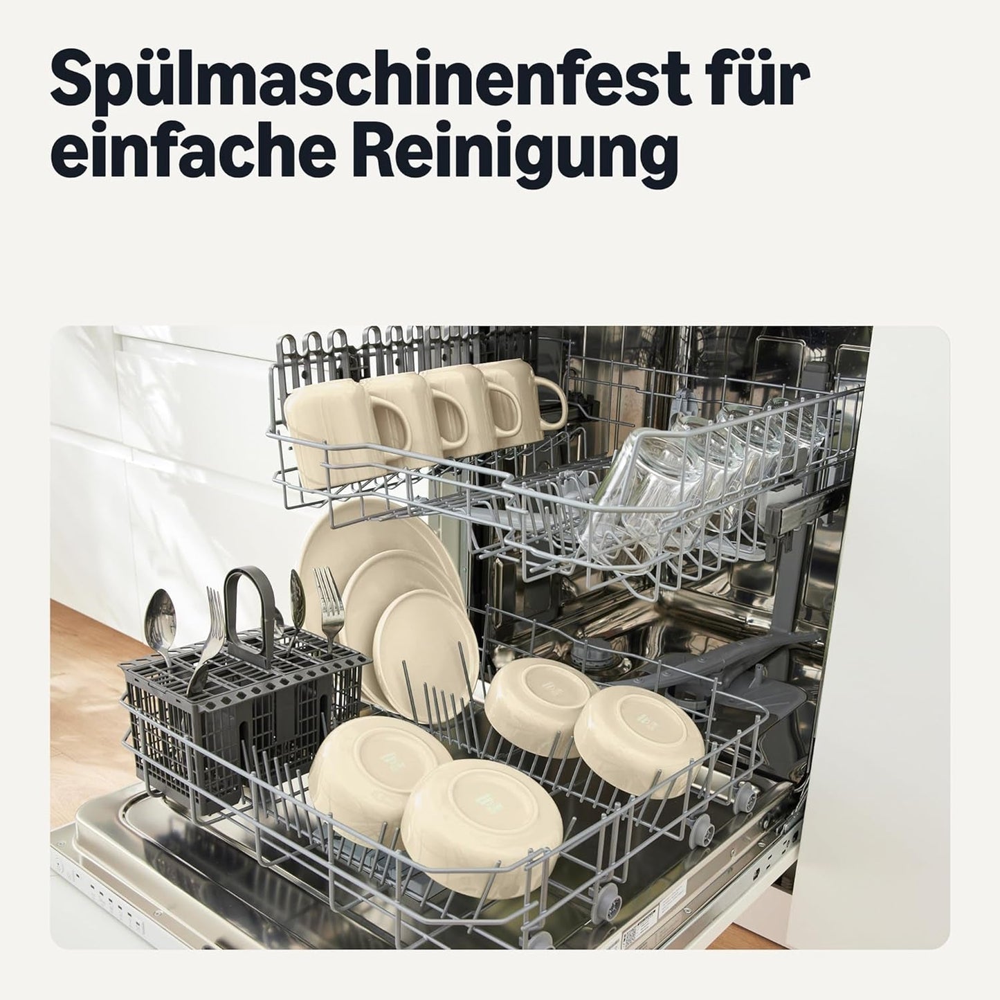 Amazon Basics glaseret stentøjsstel, 18 stykker, 6 komplette sæt, Tåler opvaskemaskine, elfenben