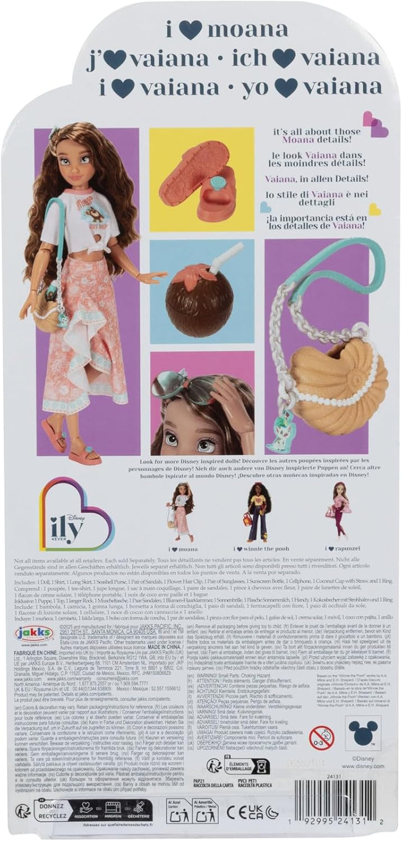 Vaiana dukke med tilbehør, 29 cm, 13 artikulationspunkter, officielt licenseret af Jakks Pacific. Komplet med kombinerbart tilbehør og en funklende Mickey ring!