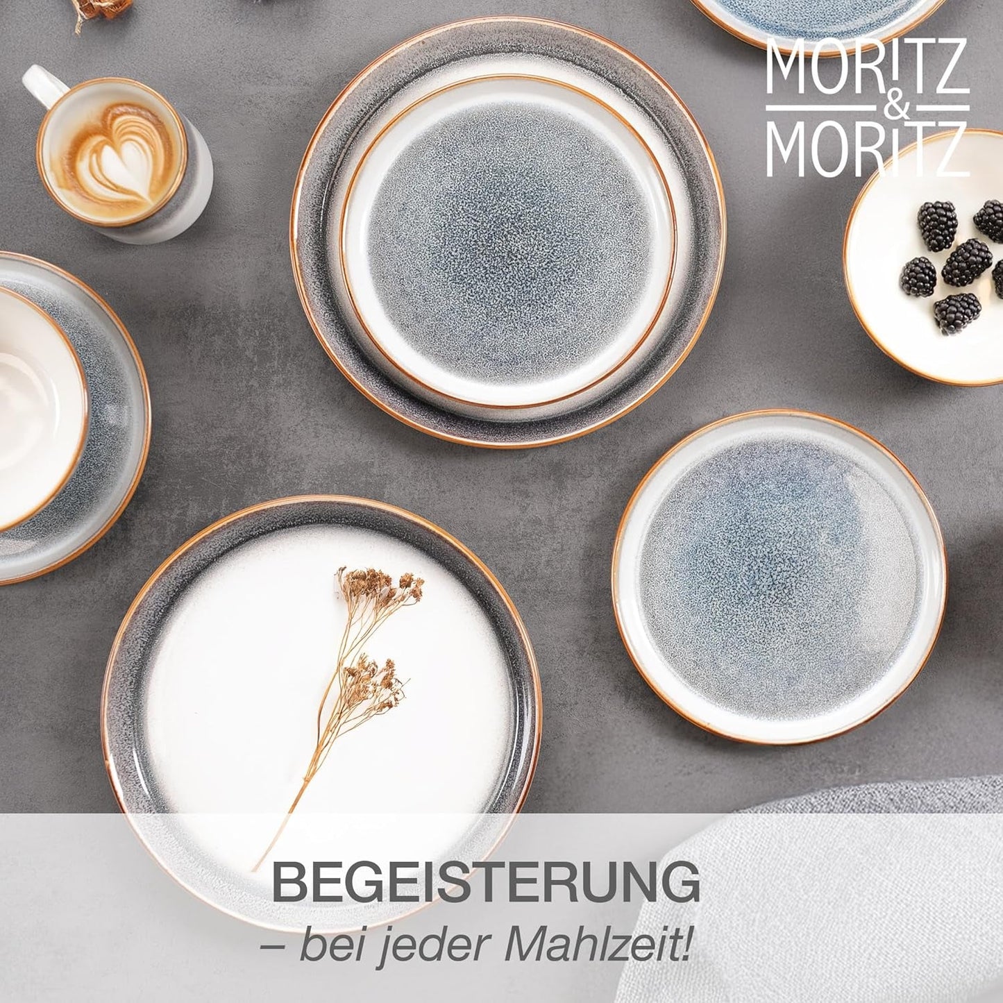 Moritz & Moritz TARENTO 24-delt servisesæt til 6, grå - Elegant højkvalitetstallerkensæt i stentøj - Spisestellet indeholder 6 middagstallerkener, 6 desserttallerkener, 6 middagstallerkener og 6 kopper