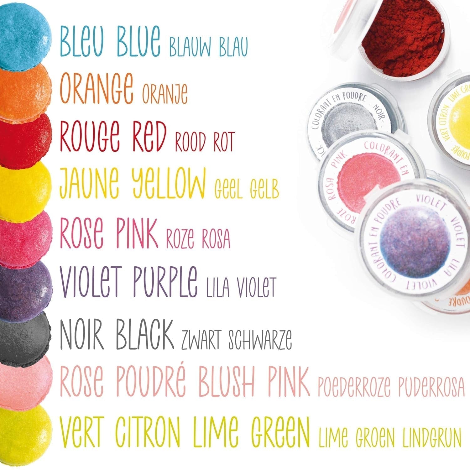 Scrapcooking - Sæt med 9 pulveriserede madfarver - Blå, Gul, Pink, Lilla, Orange, Limegrøn, Rød, Pulverpink, Sort - Spiseligt farvepulver til kager, muffins, macarons - 4270