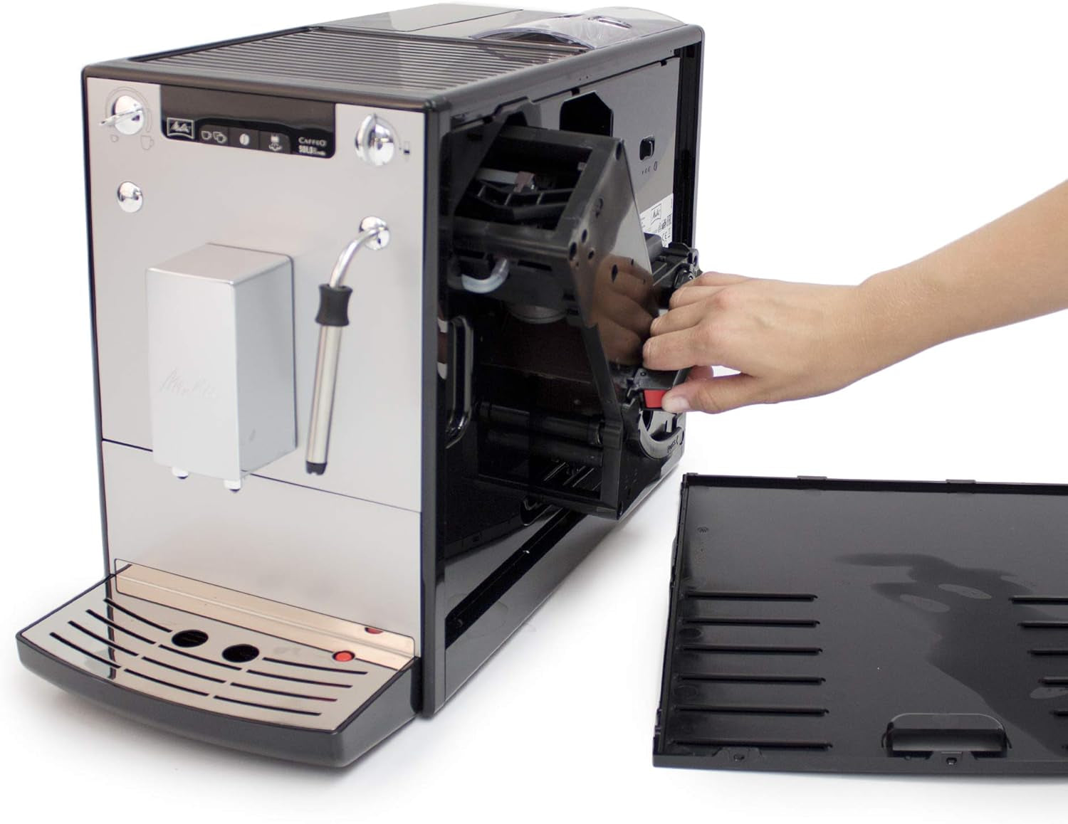 Melitta Solo & Milk - fuldautomatisk slim kaffemaskine med mælkeskummer, kaffemaskine med aftagelig vandtank, f.eks. kaffe eller cappuccino, sølv