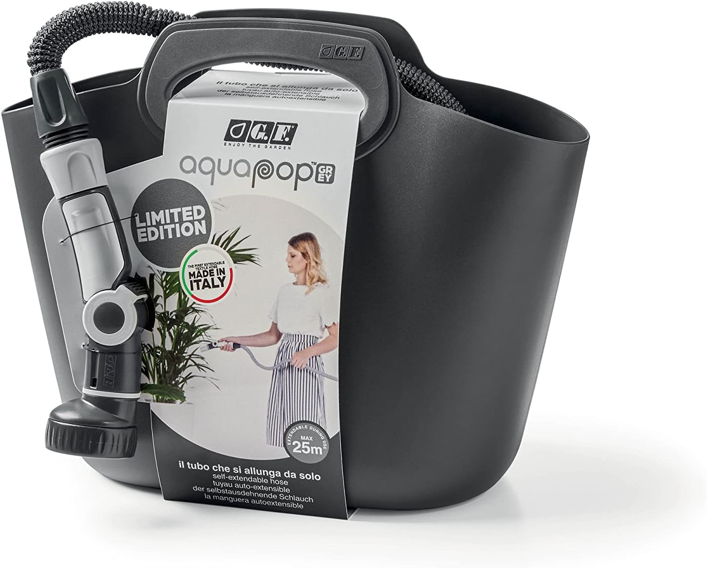 GF SRL, Aquapop Grey Limited Edition med 25m selvforlængende tekstilslange Fremstillet i Italien, blød plastikpose, dyser og fittings Lancia 8 til havevanding, mørkegrå
