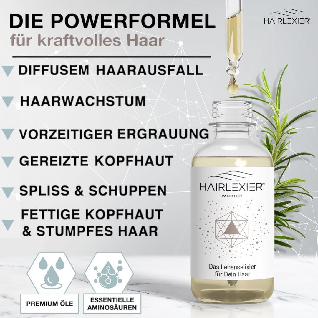 Hairlexier-hårvækstmiddel til kvinder - rosmarin-hårolie, ricinusolie-hårolie, lavendelolie, naturligt hårserum mod diffust hårtab, understøtter hårvækst, vegansk og økologisk + arbejdsbog Hårpleje Naty Shop